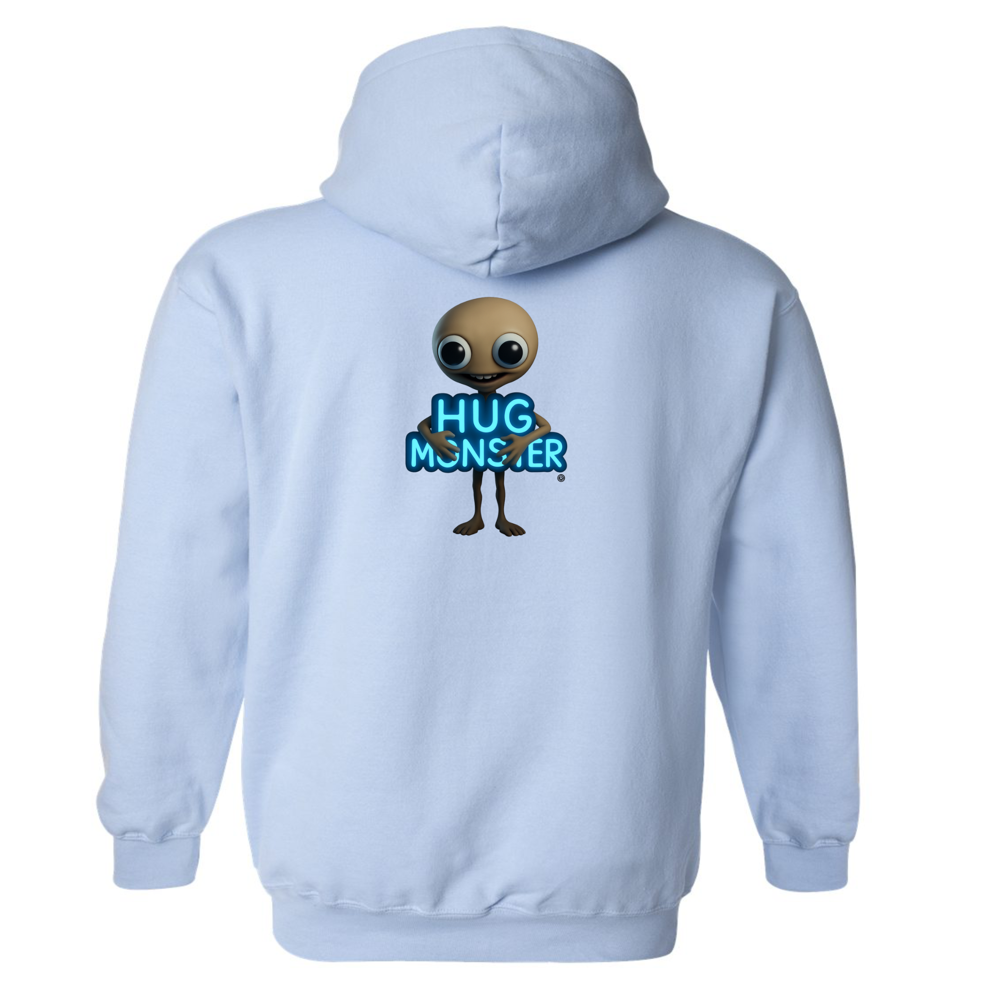 Hug Monster Alien Hugs Neon Sign graphic hoodie in Baby Blue cozy fleece positive message sweatshirt