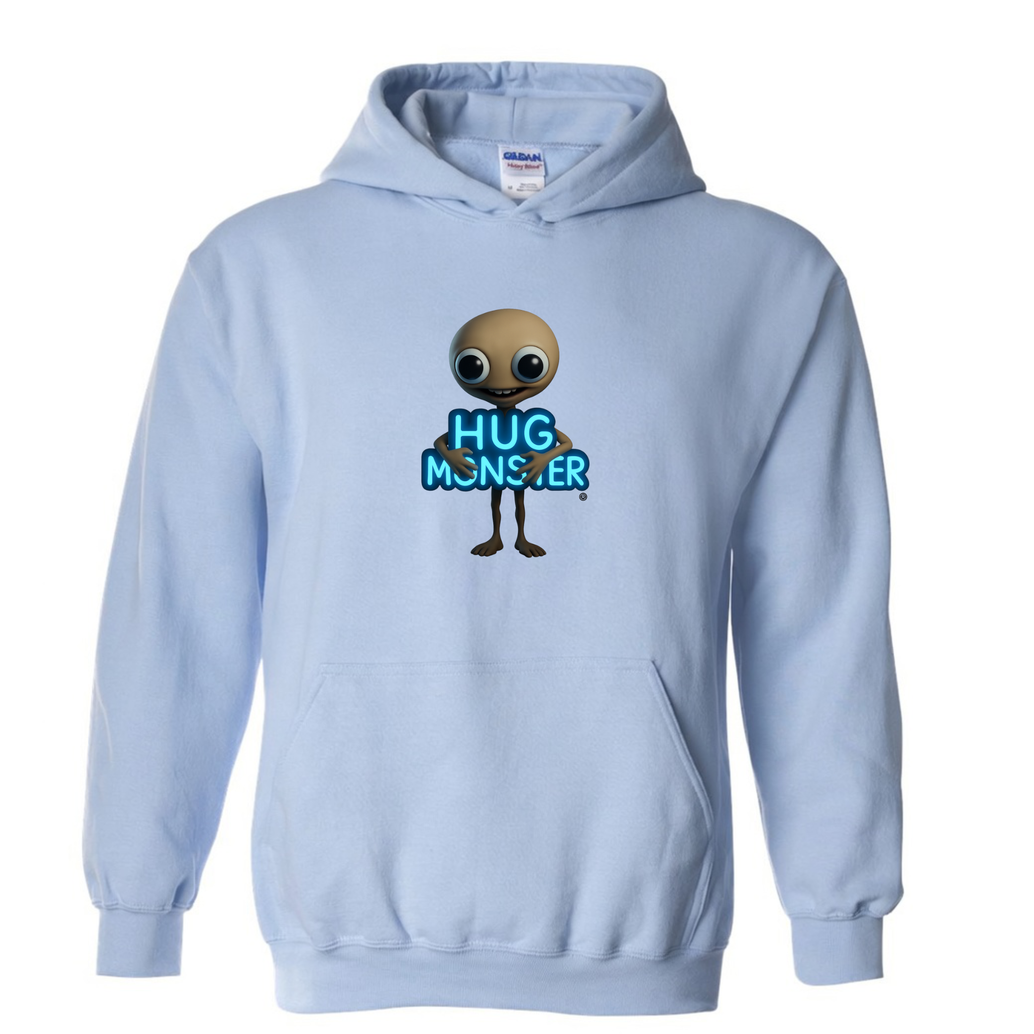 Hug Monster Alien Hugs Neon Sign graphic hoodie in Baby Blue cozy fleece positive message sweatshirt