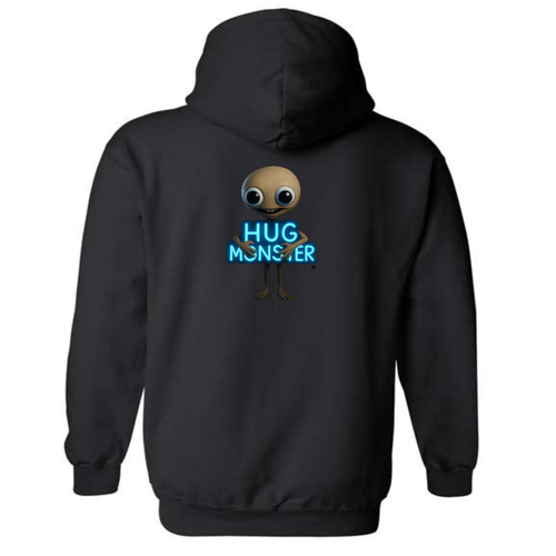 Hug Monster Alien Hugs Neon Sign graphic hoodie in Black cozy fleece positive message sweatshirt