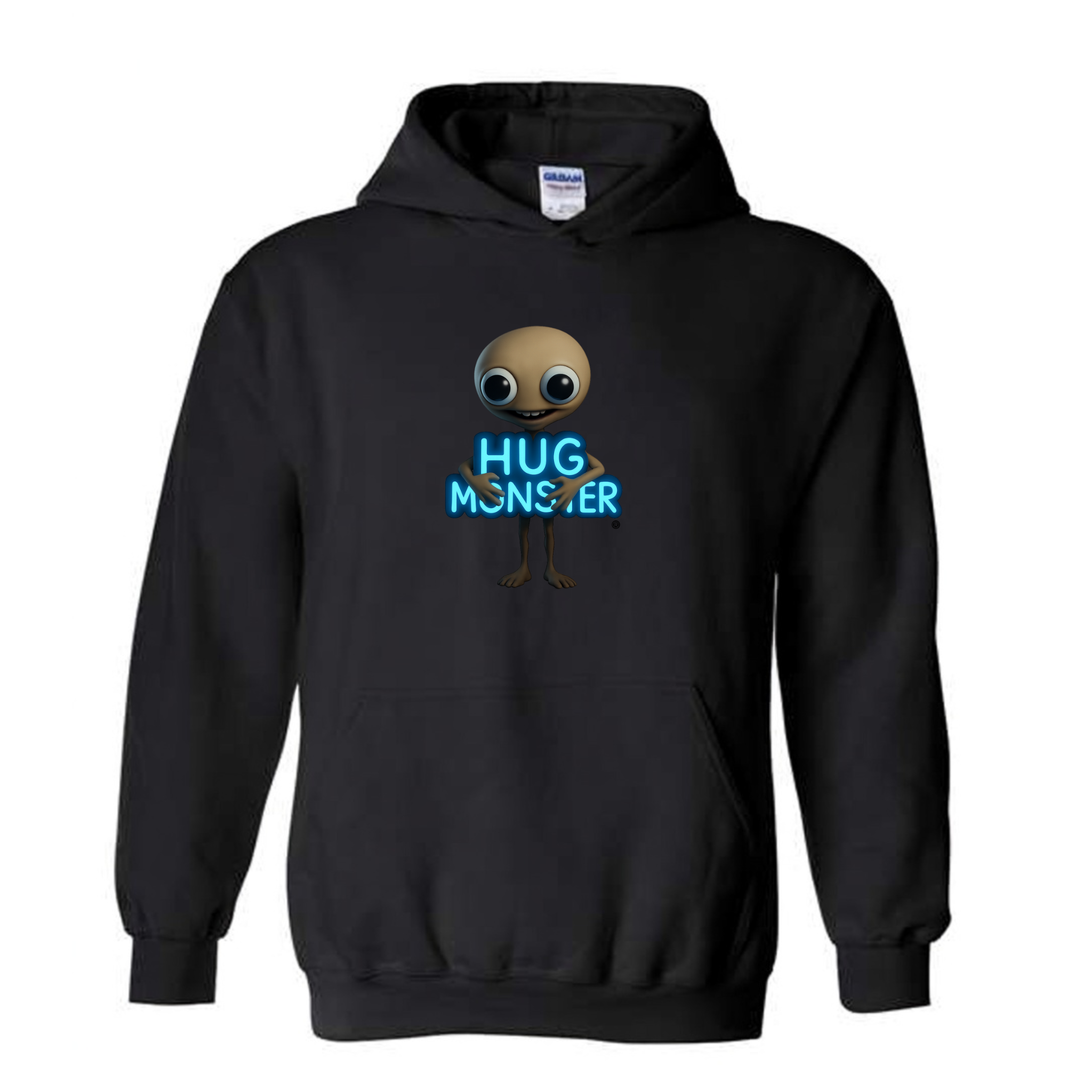 Hug Monster Alien Hugs Neon Sign graphic hoodie in Black cozy fleece positive message sweatshirt