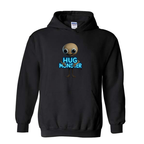 Hug Monster Alien Hugs Neon Sign graphic hoodie in Black cozy fleece positive message sweatshirt
