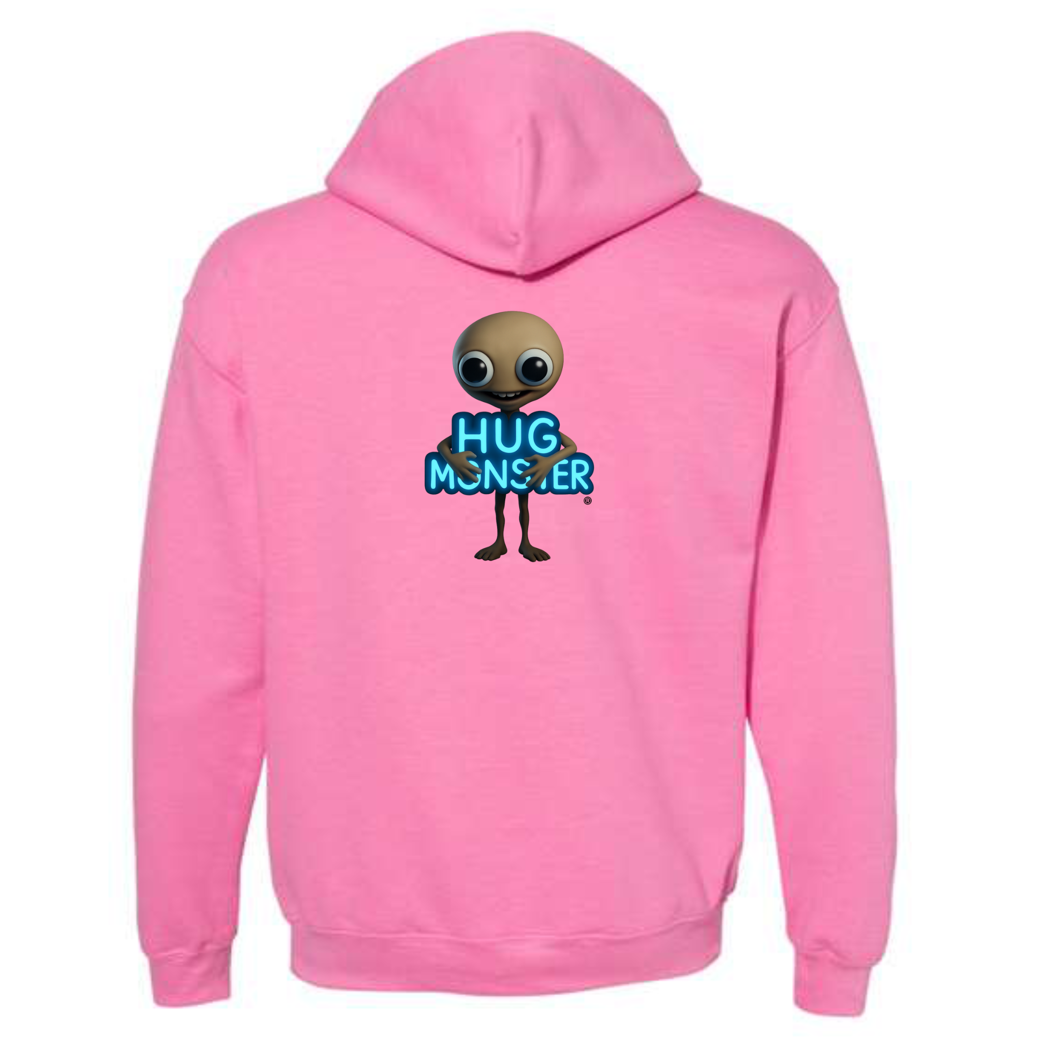 Hug Monster Alien Hugs Neon Sign graphic hoodie in Bright Soft Rose Pink cozy fleece positive message sweatshirt