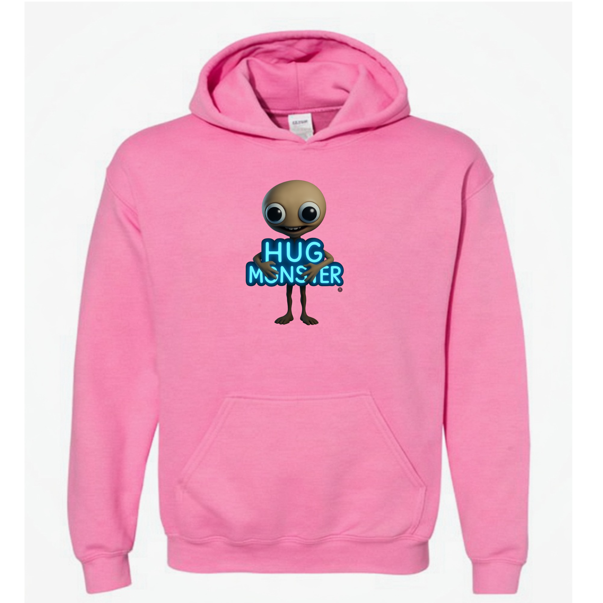 Hug Monster Alien Hugs Neon Sign graphic hoodie in Bright Soft Rose Pink cozy fleece positive message sweatshirt