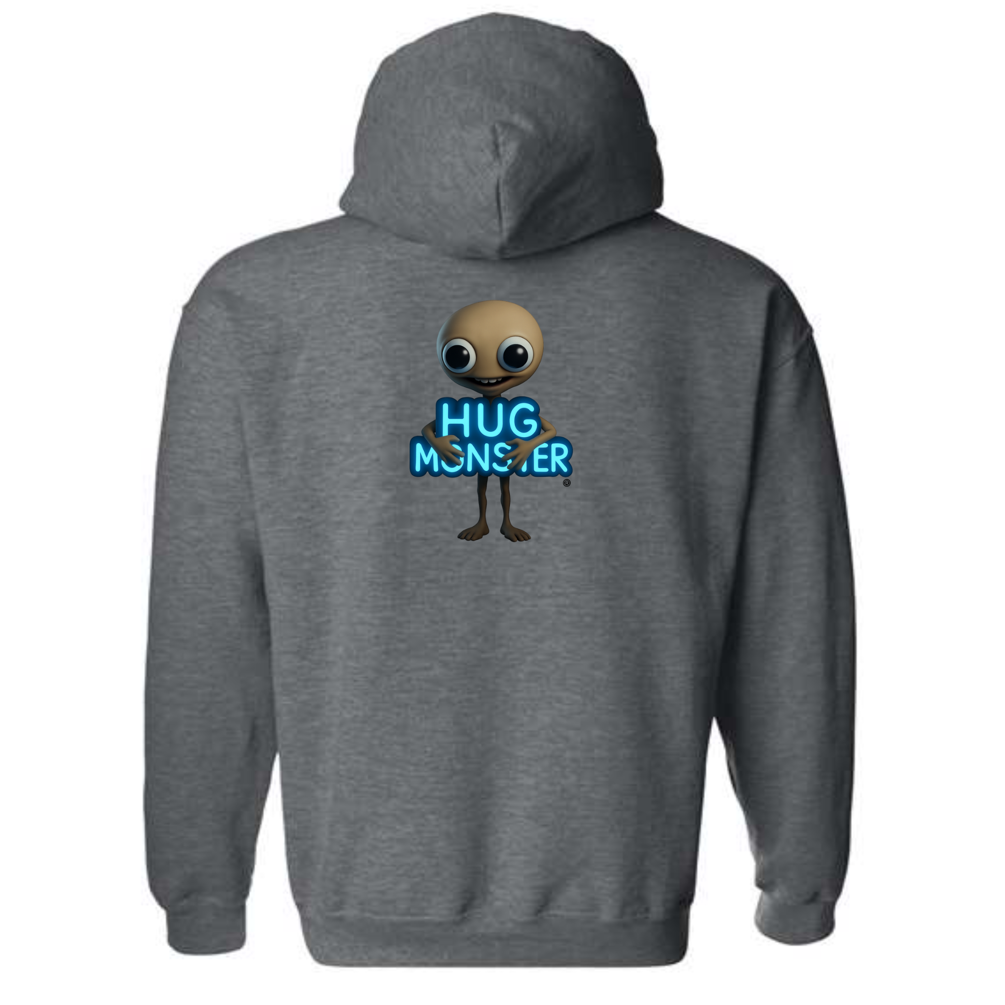 Hug Monster Alien Hugs Neon Sign graphic hoodie in Dark Heather Grey cozy fleece positive message sweatshirt