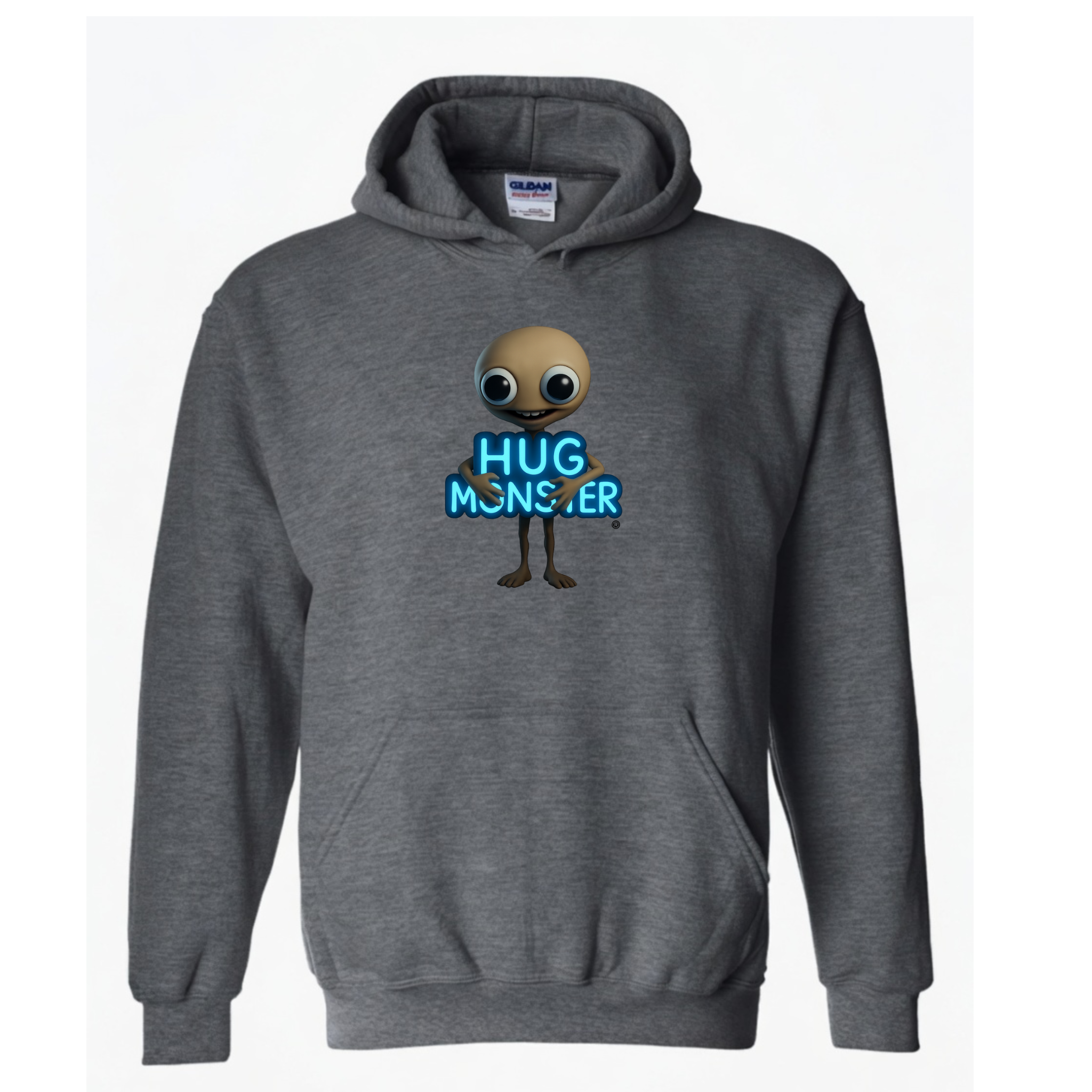 Hug Monster Alien Hugs Neon Sign graphic hoodie in Dark Heather Grey cozy fleece positive message sweatshirt