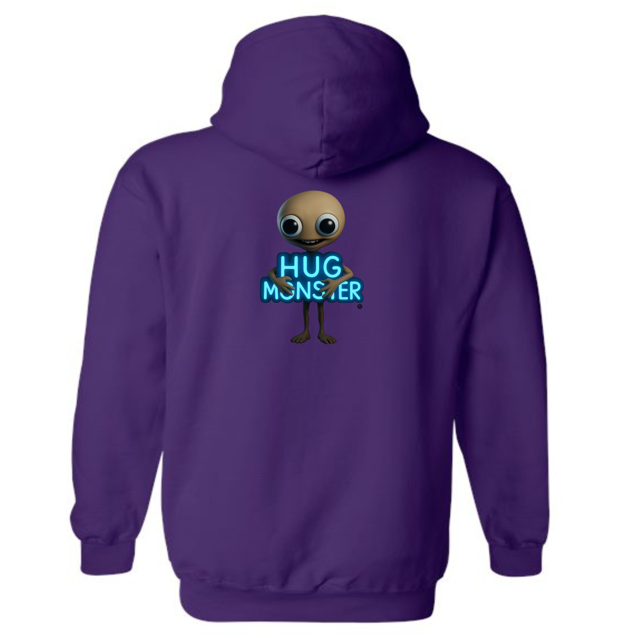 Hug Monster Alien Hugs Neon Sign graphic hoodie in Purple cozy fleece positive message sweatshirt