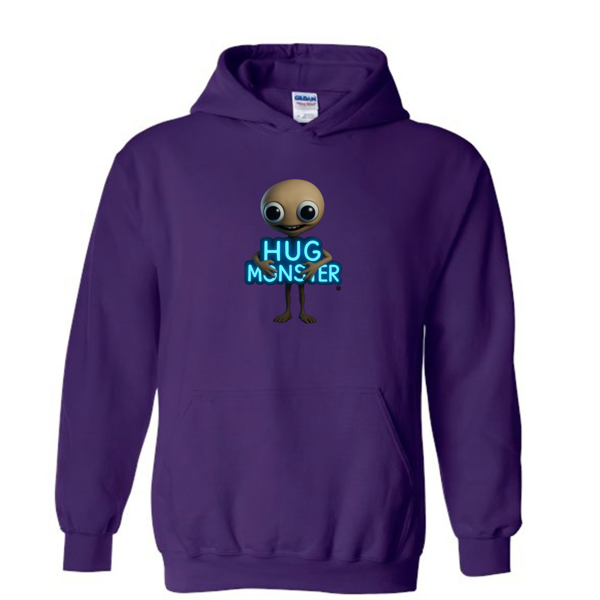 Hug Monster Alien Hugs Neon Sign graphic hoodie in Purple cozy fleece positive message sweatshirt