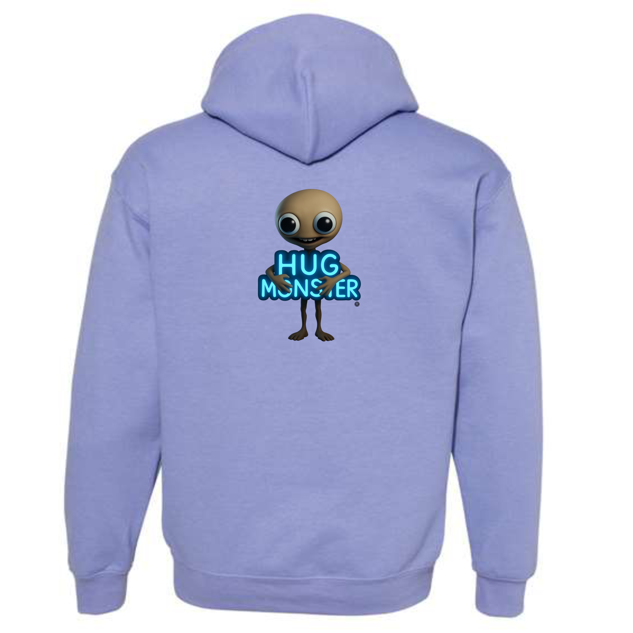 Hug Monster Alien Hugs Neon Sign graphic hoodie in Violet cozy fleece positive message sweatshirt