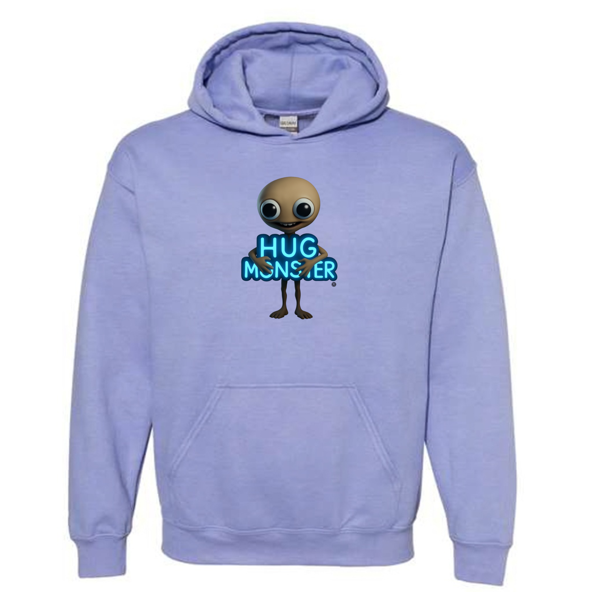 Hug Monster Alien Hugs Neon Sign graphic hoodie in Violet cozy fleece positive message sweatshirt