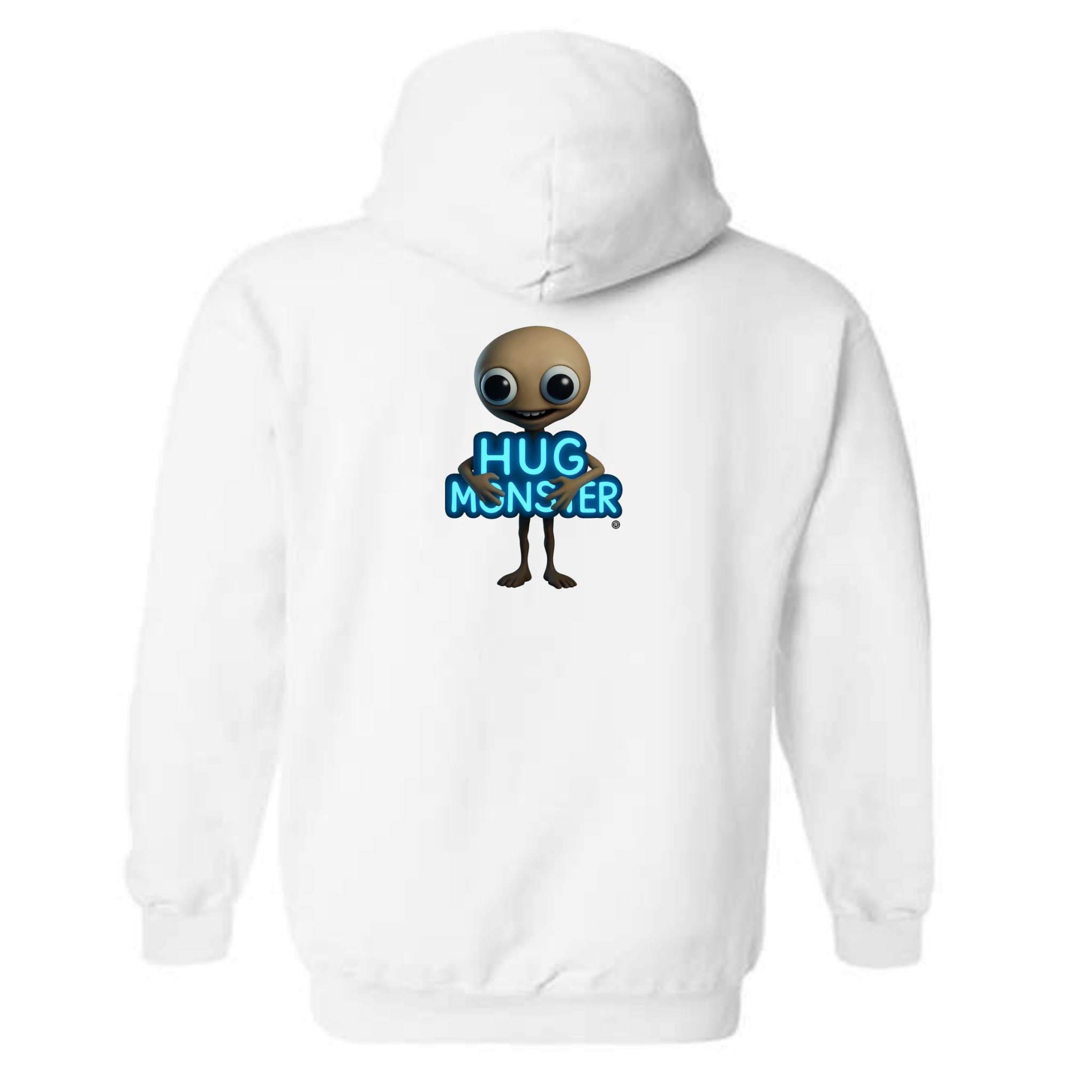 Hug Monster Alien Hugs Neon Sign graphic hoodie in White cozy fleece positive message sweatshirt
