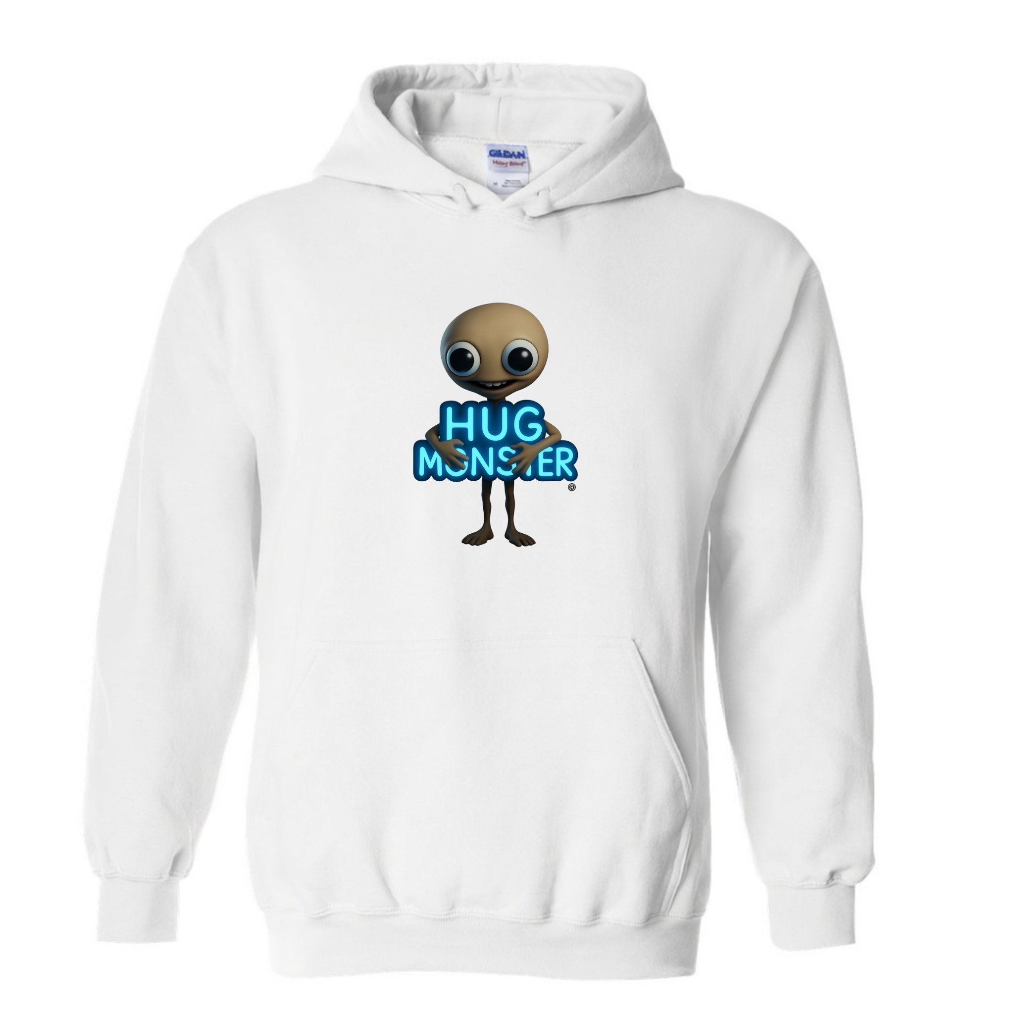 Hug Monster Alien Hugs Neon Sign graphic hoodie in White cozy fleece positive message sweatshirt