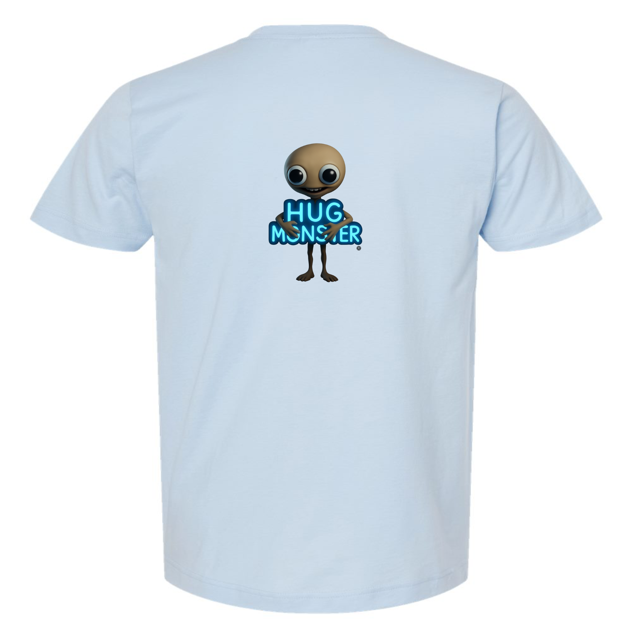 Hug Monster Alien Hugs Neon Sign T-Shirt - Positive Message Graphic Tee in Baby Blue – Back View