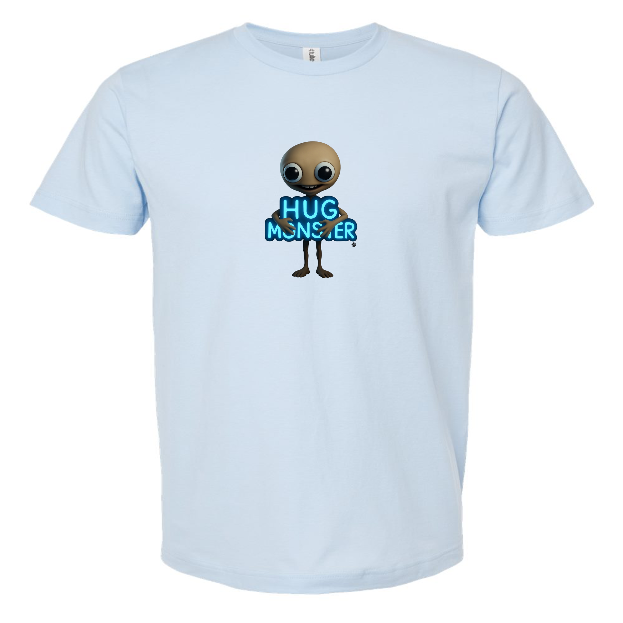 Hug Monster Alien Hugs Neon Sign T-Shirt - Positive Message Graphic Tee in Baby Blue – Front View