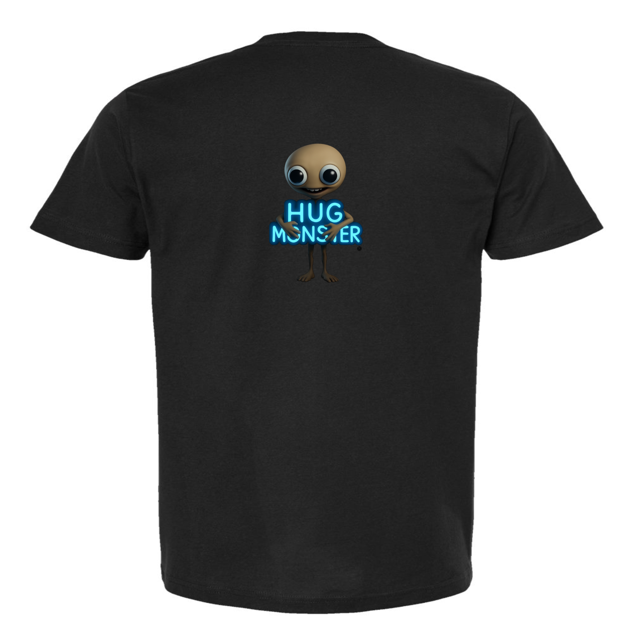 Hug Monster Alien Hugs Neon Sign T-Shirt - Positive Message Graphic Tee in Black – Back View