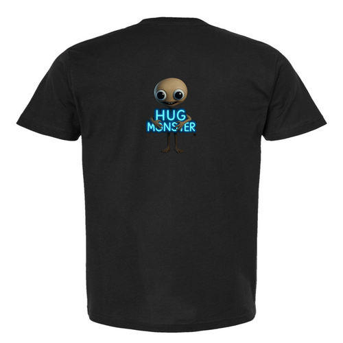 Hug Monster Alien Hugs Neon Sign T-Shirt - Positive Message Graphic Tee in Black – Back View