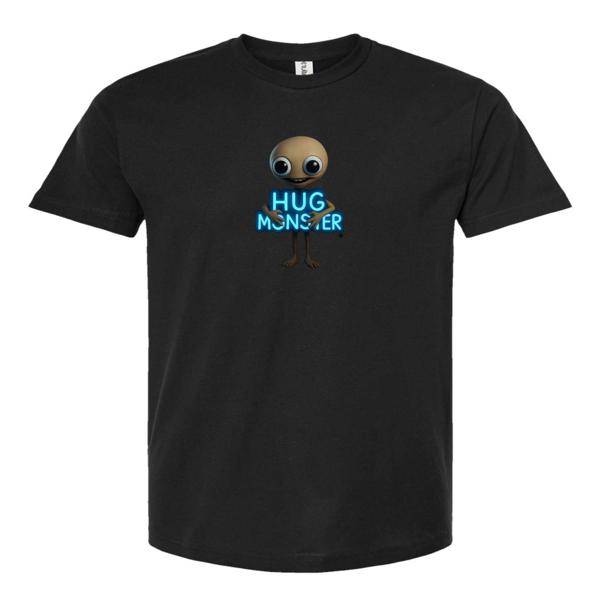 Hug Monster Alien Hugs Neon Sign T-Shirt - Positive Message Graphic Tee in Black – Front View