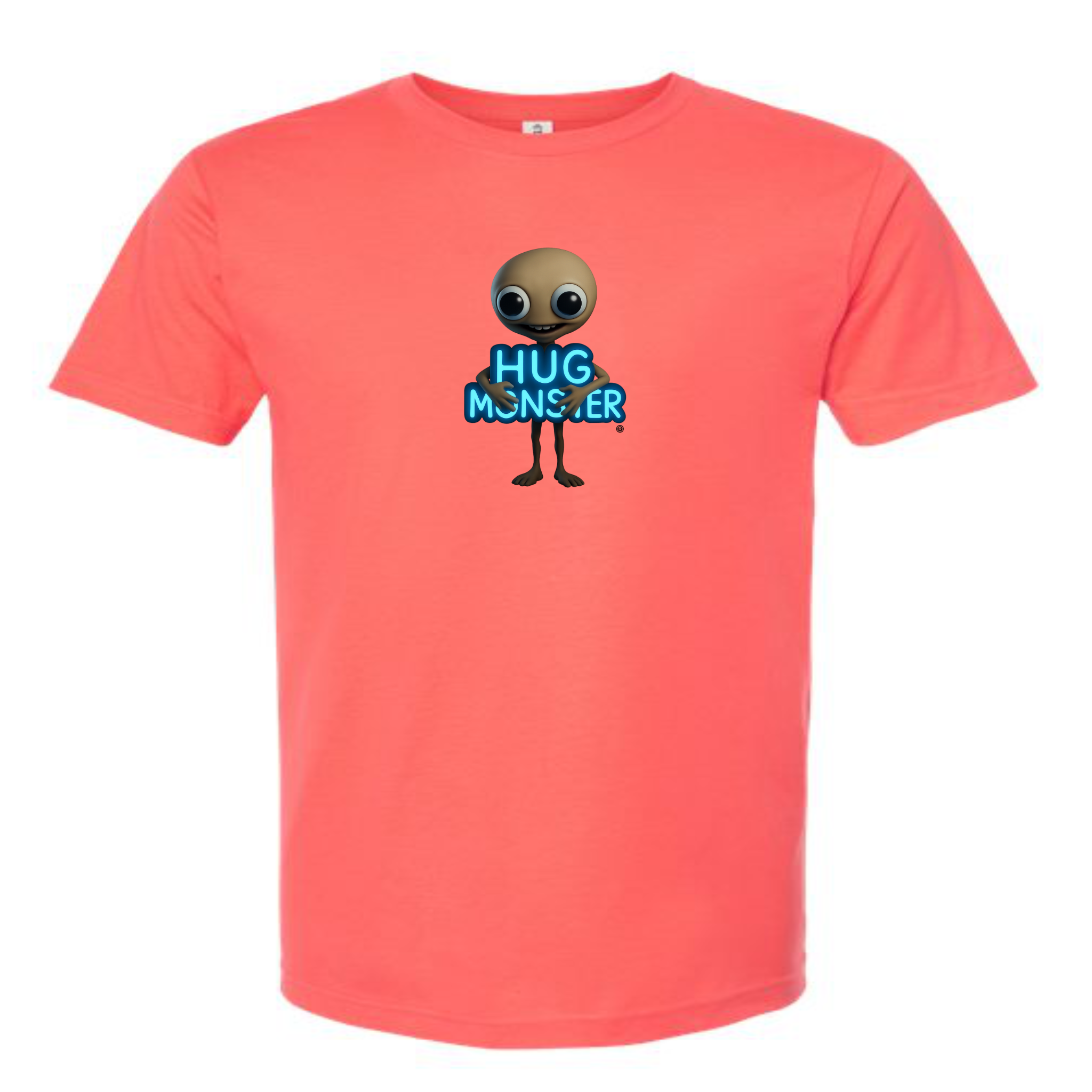 Hug Monster Alien Hugs Neon Sign T-Shirt - Positive Message Graphic Tee in Bright Coral – Front View