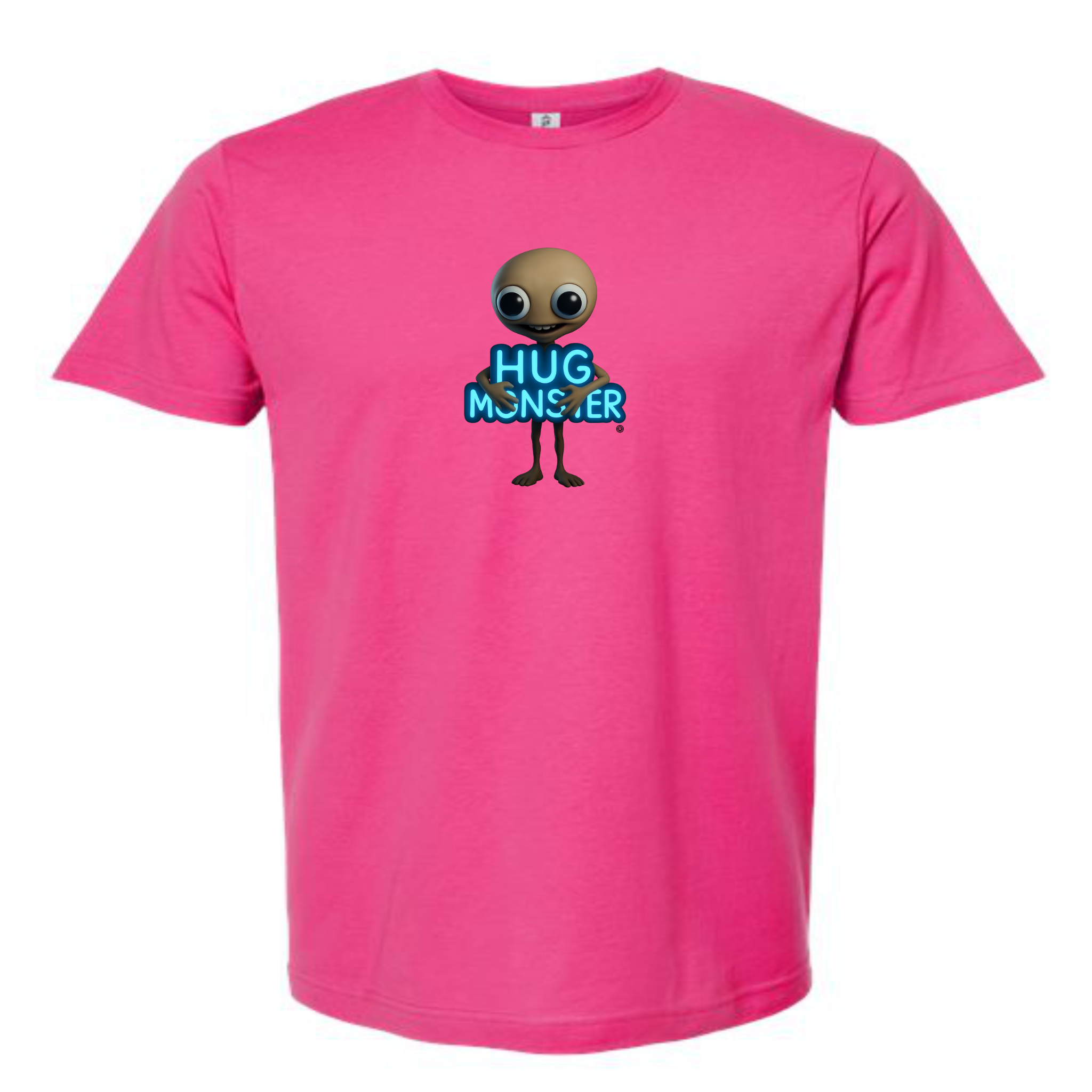 Hug Monster Alien Hugs Neon Sign T-Shirt - Positive Message Graphic Tee in Bright Fuscia – Front View