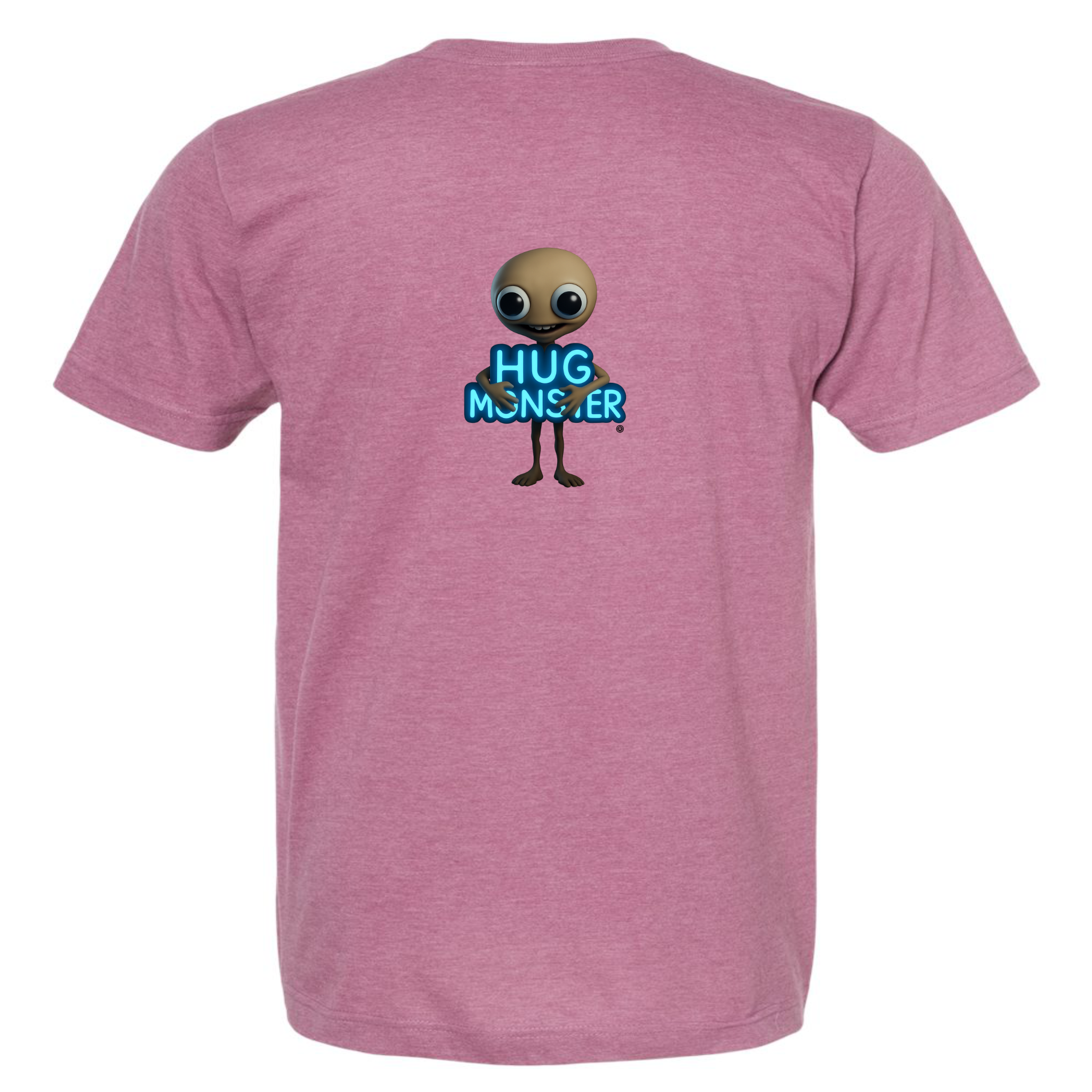 Hug Monster Alien Hugs Neon Sign T-Shirt - Positive Message Graphic Tee in Heather Dusty Rose Pink – Back View
