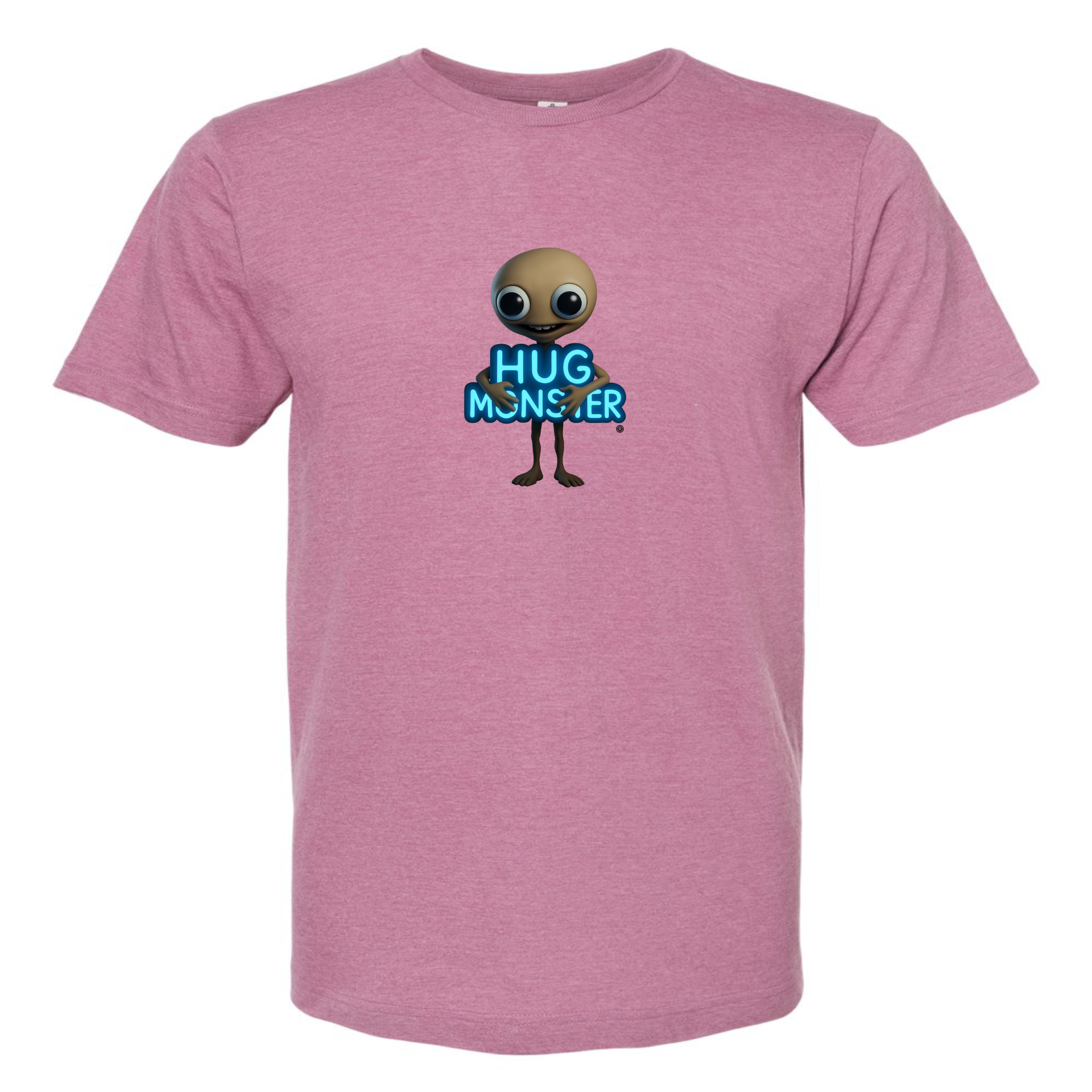 Hug Monster Alien Hugs Neon Sign T-Shirt - Positive Message Graphic Tee in Heather Dusty Rose Pink – Front View