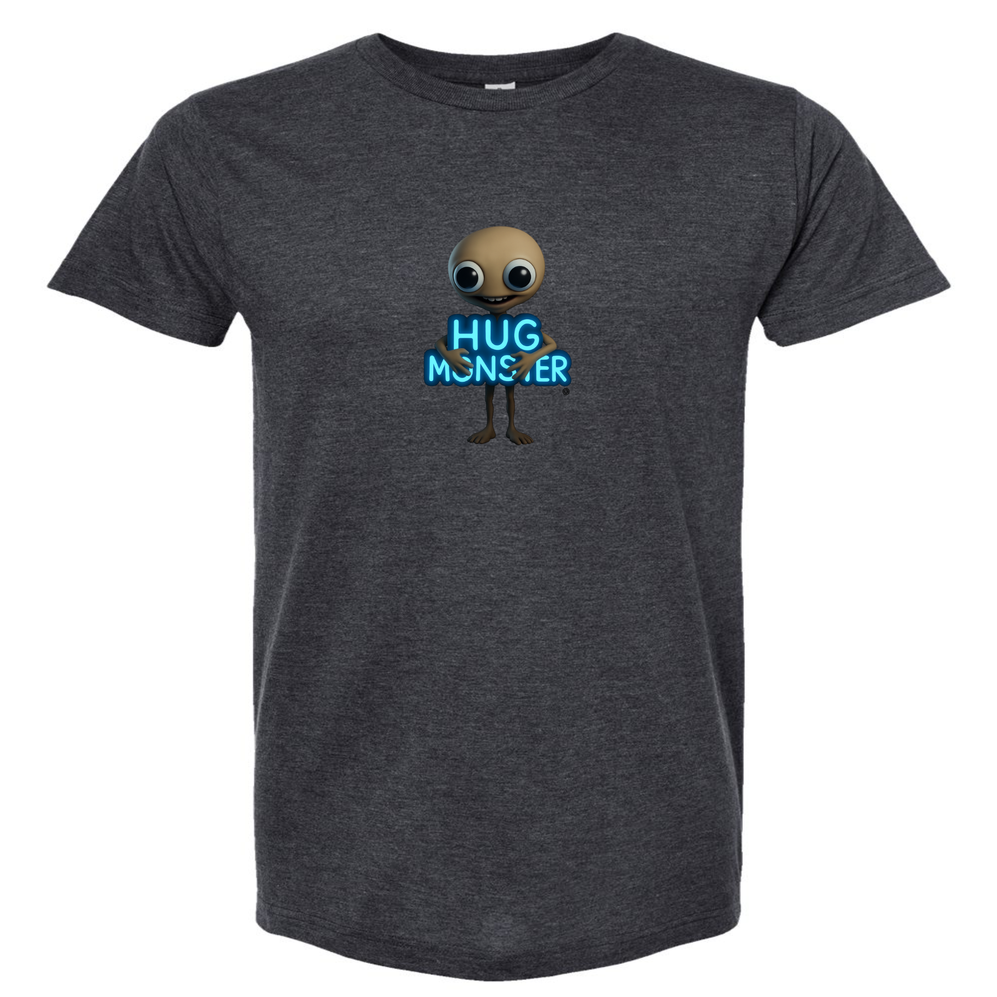 Hug Monster Alien Hugs Neon Sign T-Shirt - Positive Message Graphic Tee in Heather Graphite – Front View