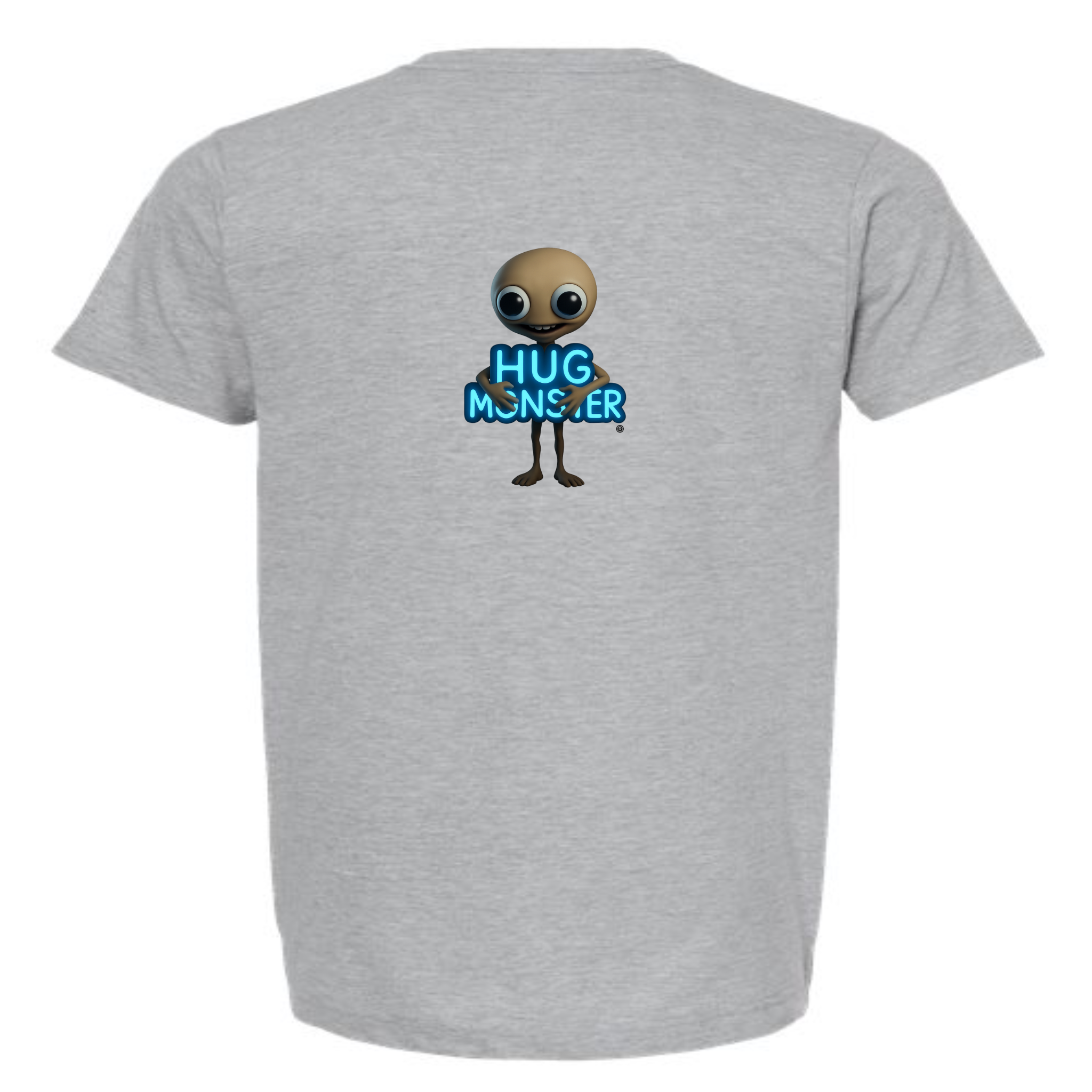 Hug Monster Alien Hugs Neon Sign T-Shirt - Positive Message Graphic Tee in Heather Grey – Back View