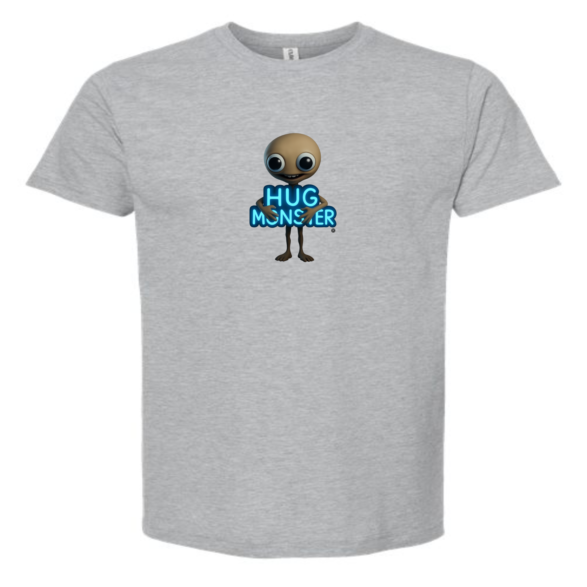 Hug Monster Alien Hugs Neon Sign T-Shirt - Positive Message Graphic Tee in Heather Grey – Front View