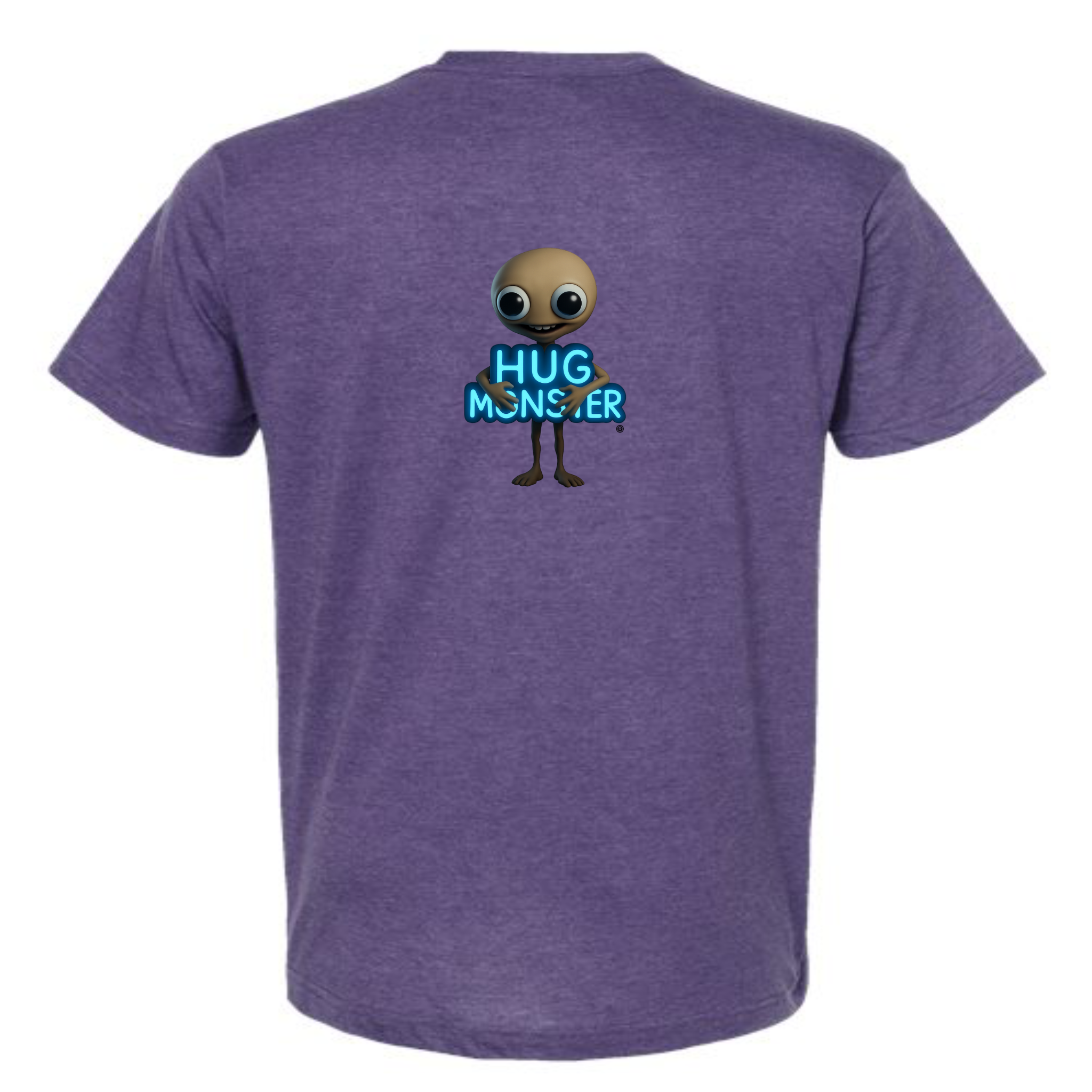 Hug Monster Alien Hugs Neon Sign T-Shirt - Positive Message Graphic Tee in Heather Purple – Back View