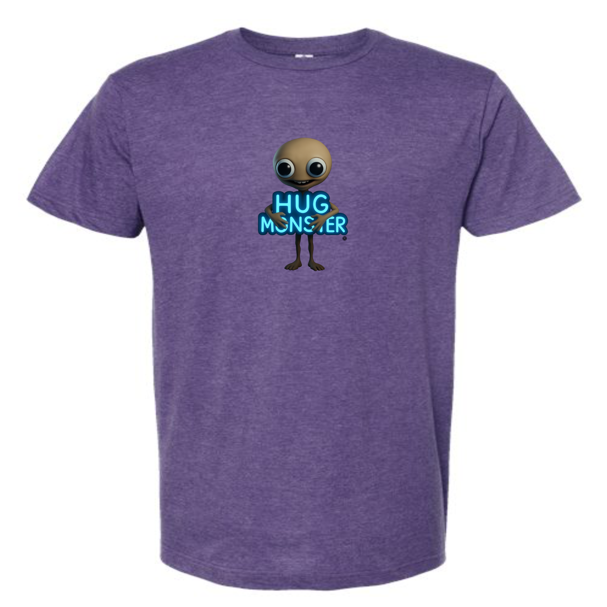 Hug Monster Alien Hugs Neon Sign T-Shirt - Positive Message Graphic Tee in Heather Purple – Front View