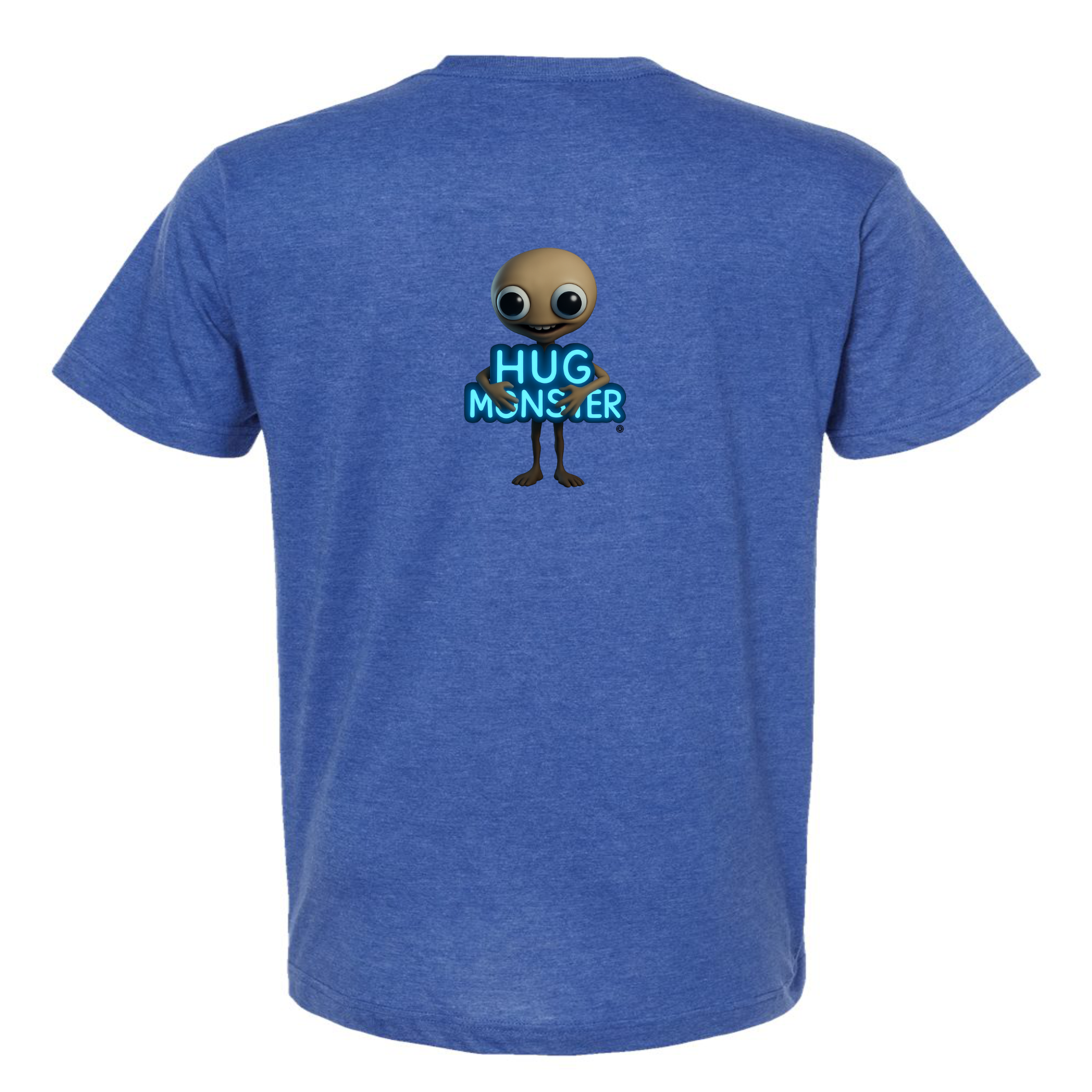 Hug Monster Alien Hugs Neon Sign T-Shirt - Positive Message Graphic Tee in Heather Royal Blue – Back View