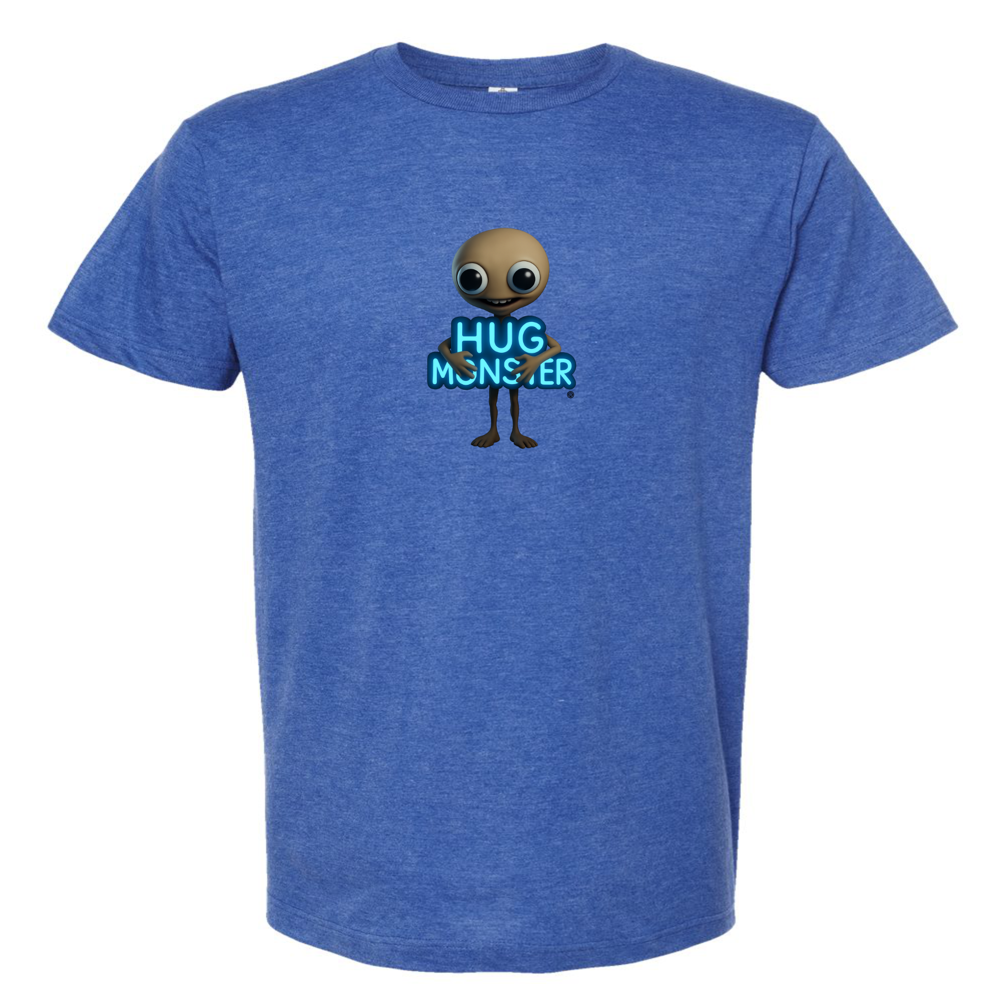 Hug Monster Alien Hugs Neon Sign T-Shirt - Positive Message Graphic Tee in Heather Royal Blue – Front View