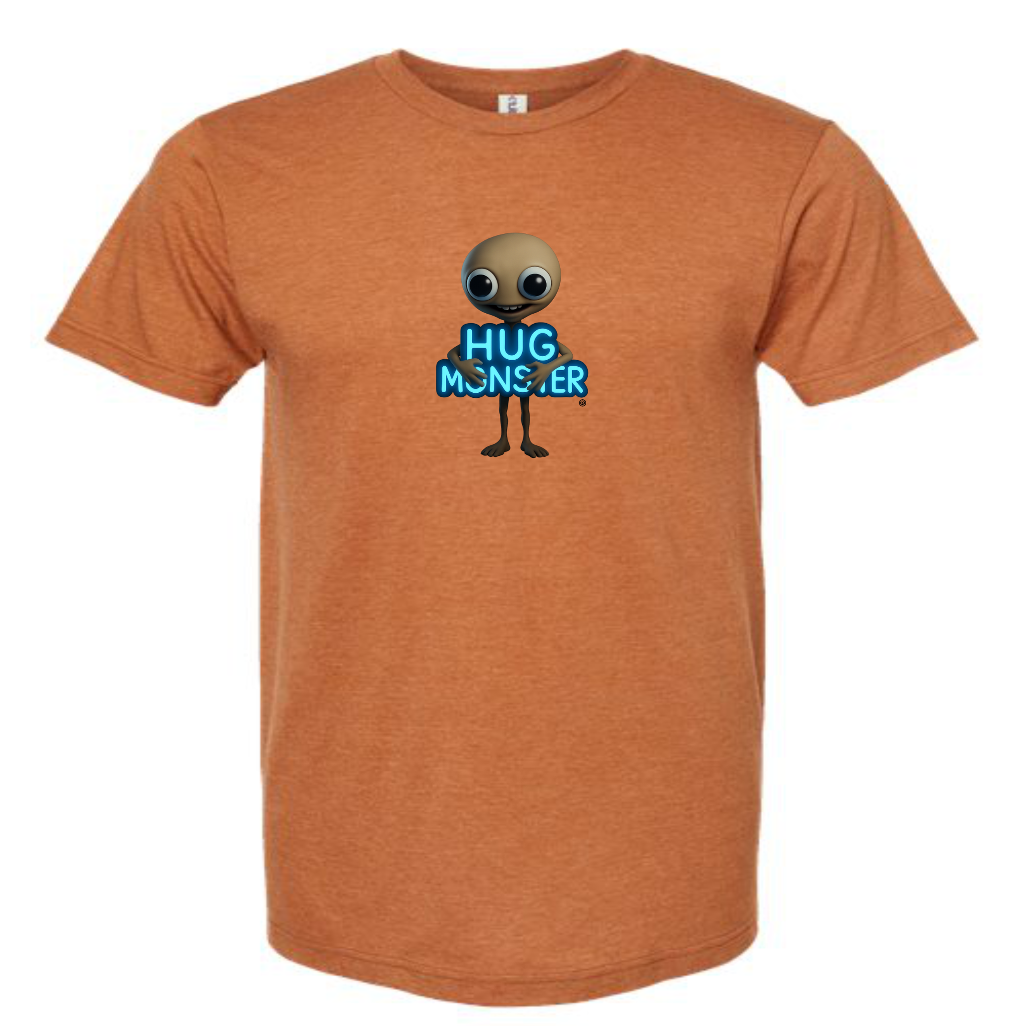 Hug Monster Alien Hugs Neon Sign T-Shirt - Positive Message Graphic Tee in Heather Rust – Front View