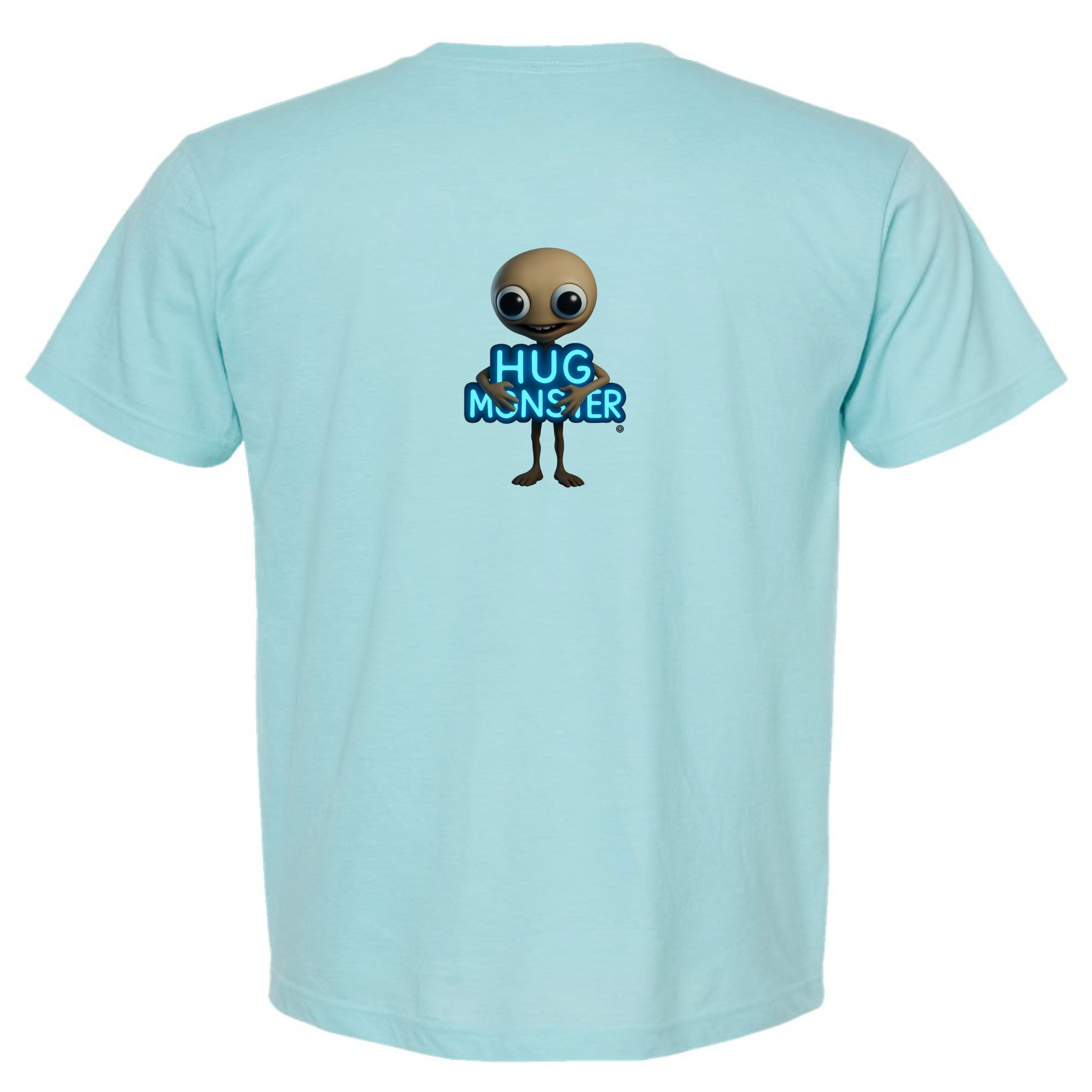 Hug Monster Alien Hugs Neon Sign T-Shirt - Positive Message Graphic Tee in Heather Turquoise – Back View
