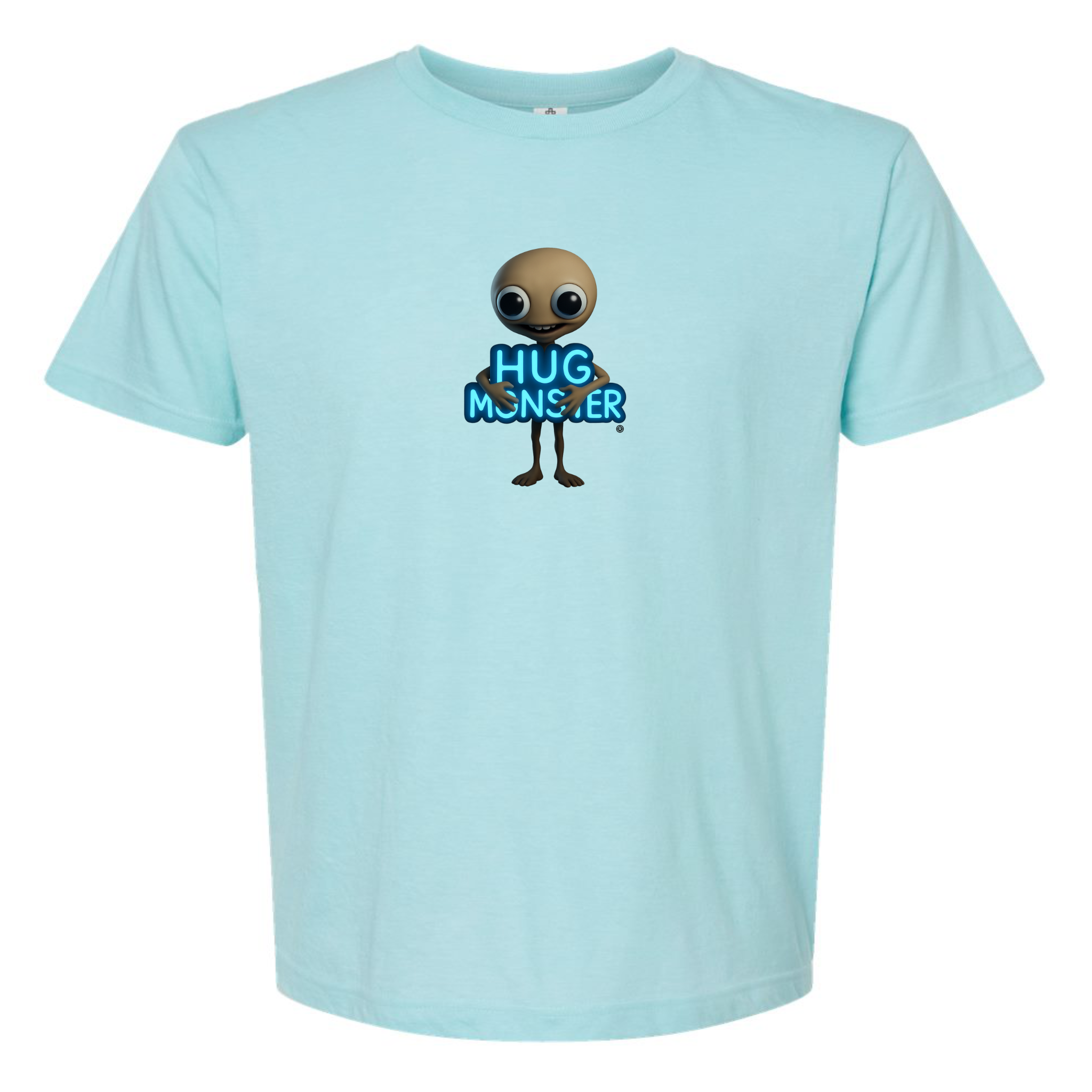 Hug Monster Alien Hugs Neon Sign T-Shirt - Positive Message Graphic Tee in Heather Turquoise – Front View