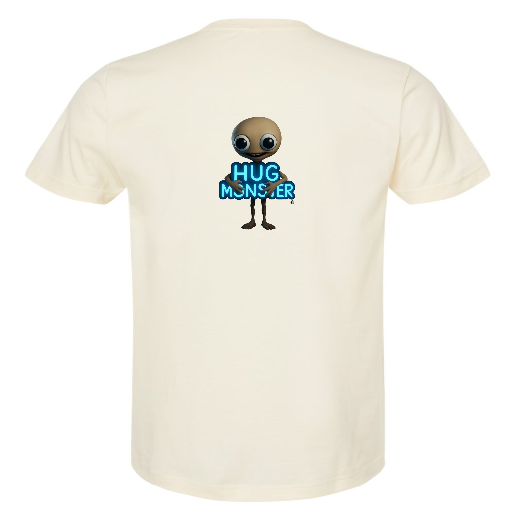 Hug Monster Alien Hugs Neon Sign T-Shirt - Positive Message Graphic Tee in Natural – Back View