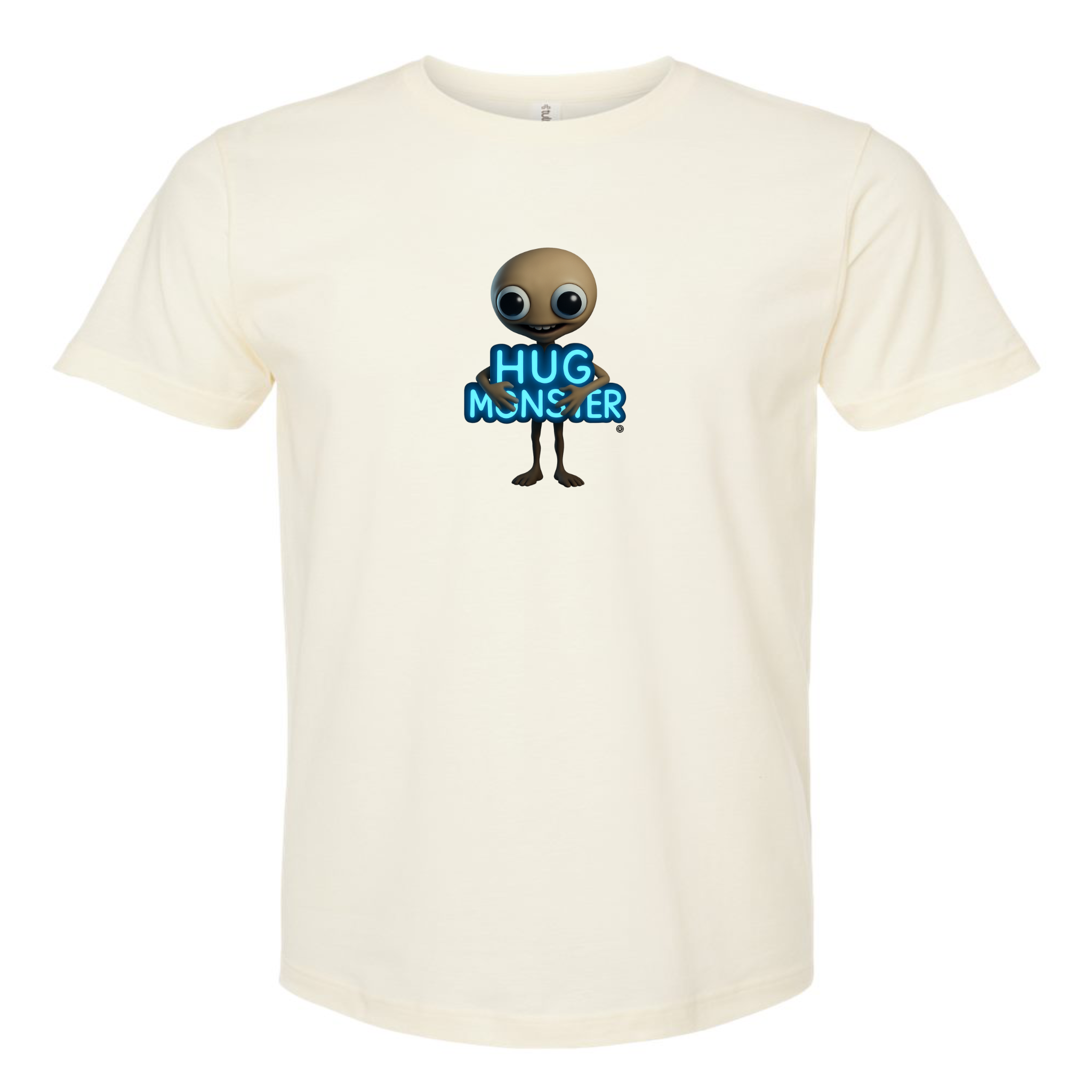 Hug Monster Alien Hugs Neon Sign T-Shirt - Positive Message Graphic Tee in Natural – Front View