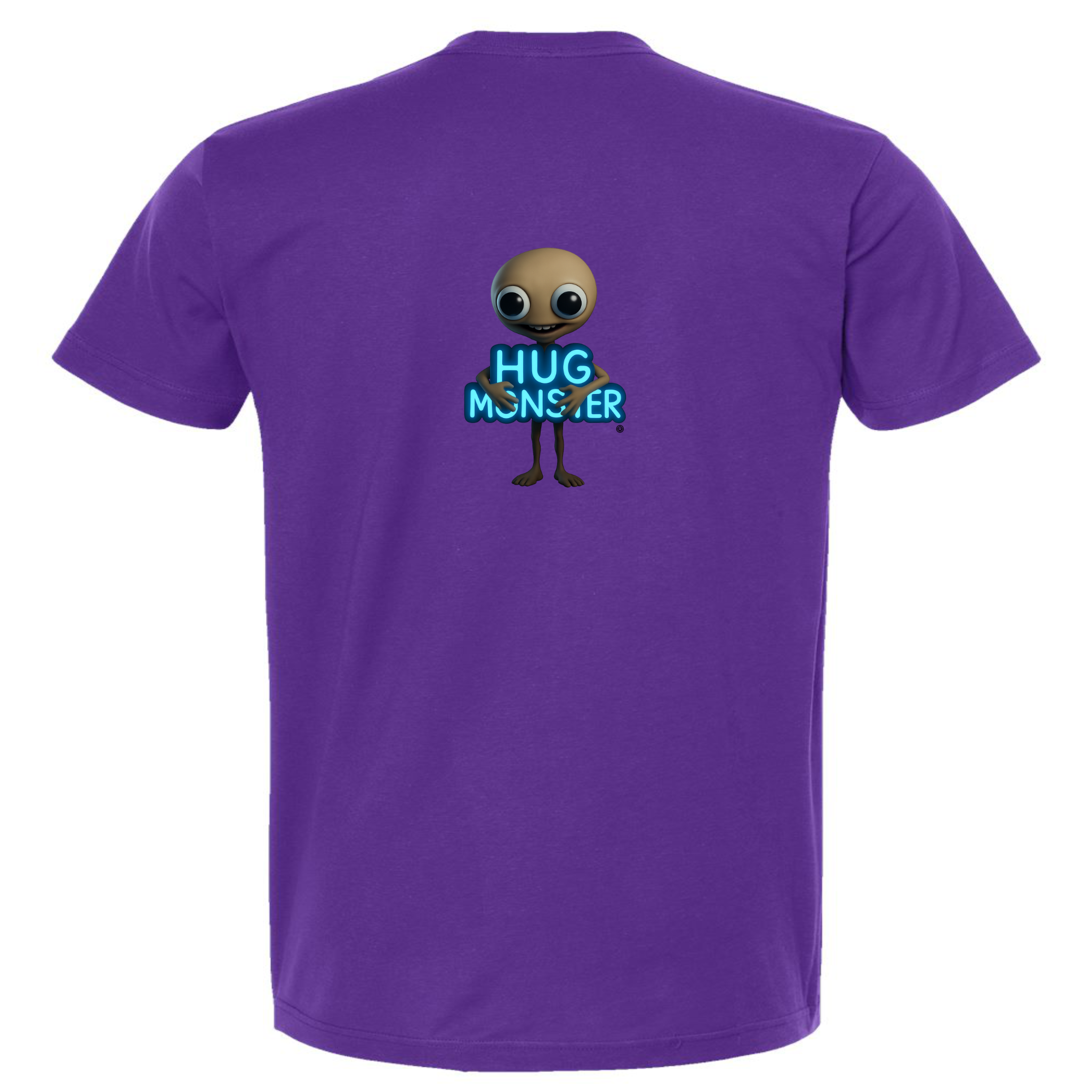 Hug Monster Alien Hugs Neon Sign T-Shirt - Positive Message Graphic Tee in Purple – Back View