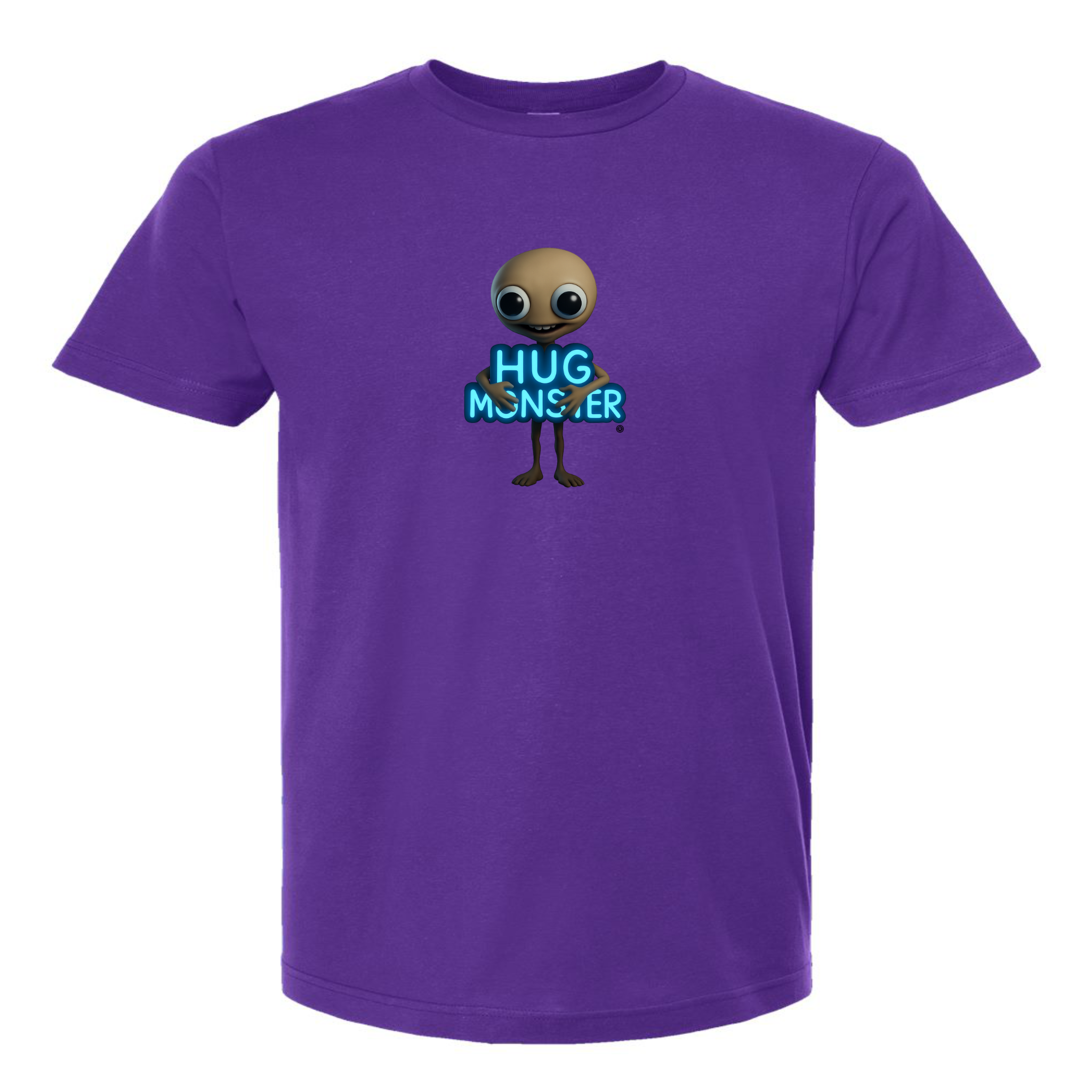 Hug Monster Alien Hugs Neon Sign T-Shirt - Positive Message Graphic Tee in Purple – Front View