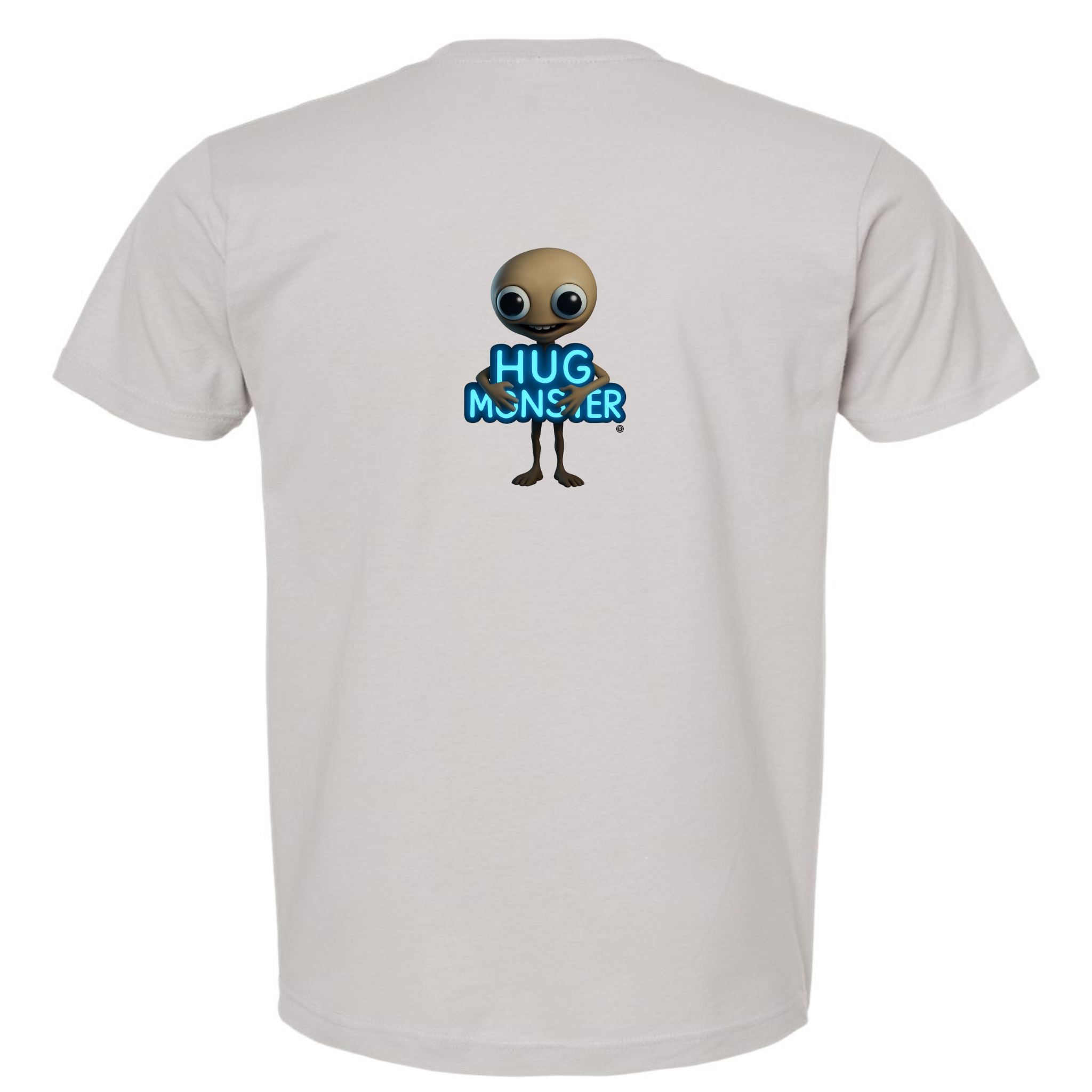 Hug Monster Alien Hugs Neon Sign T-Shirt - Positive Message Graphic Tee in Silver – Back View
