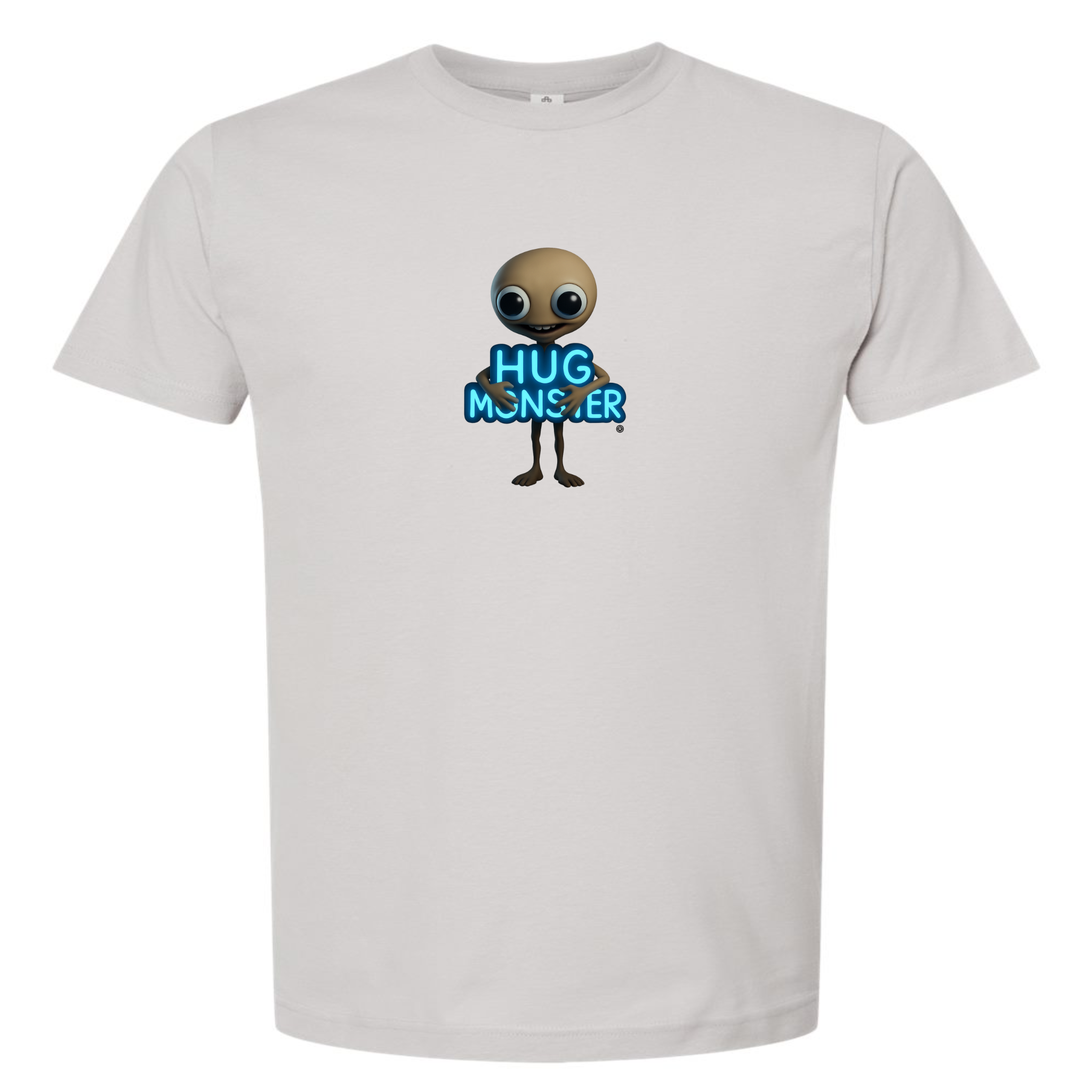 Hug Monster Alien Hugs Neon Sign T-Shirt - Positive Message Graphic Tee in Silver – Front View