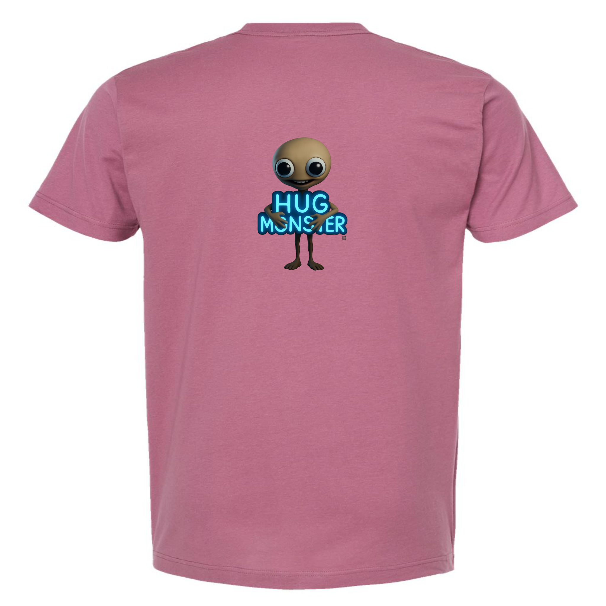 Hug Monster Alien Hugs Neon Sign T-Shirt - Positive Message Graphic Tee in Soft Dusty Rose Pink – Back View