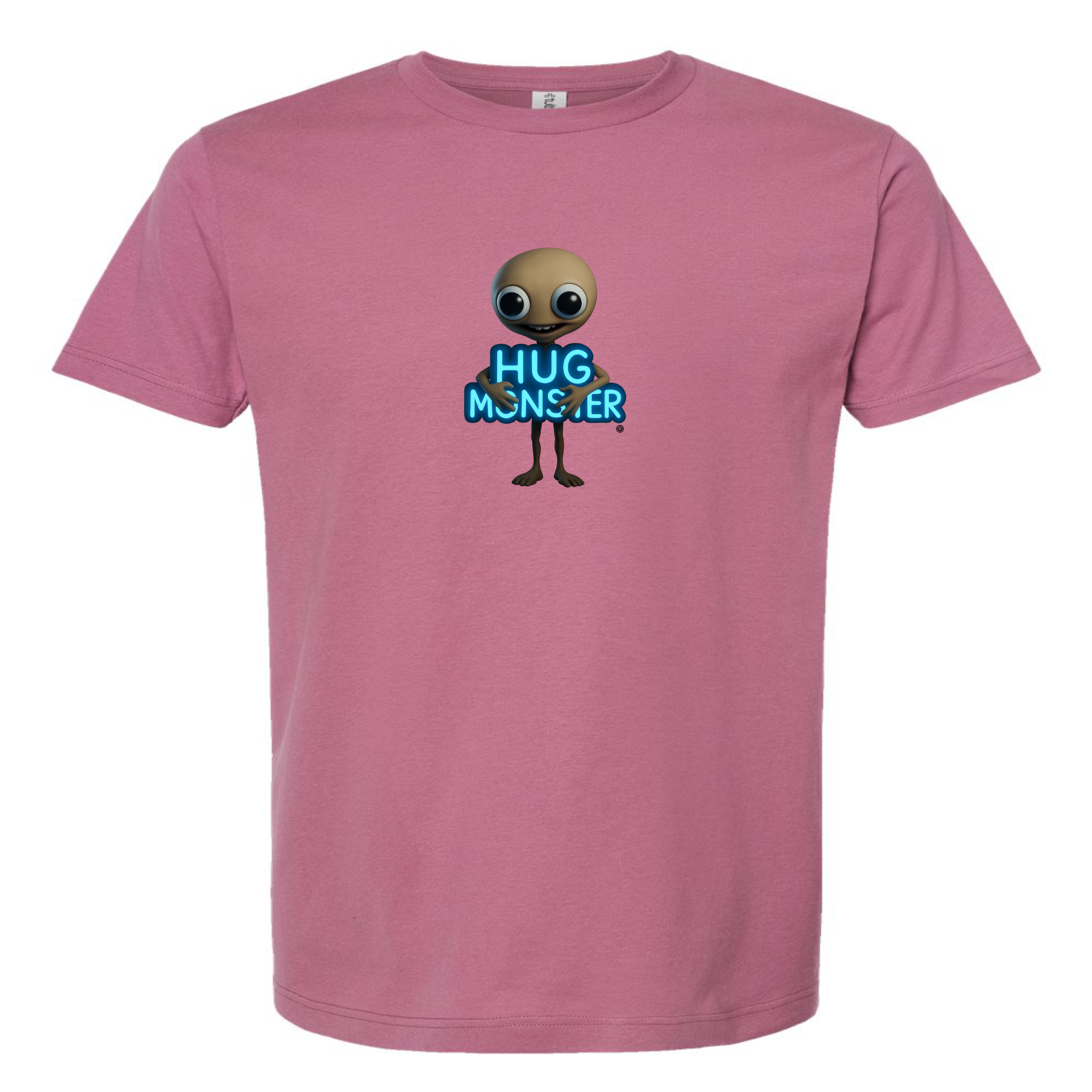 Hug Monster Alien Hugs Neon Sign T-Shirt - Positive Message Graphic Tee in Soft Dusty Rose Pink – Front View