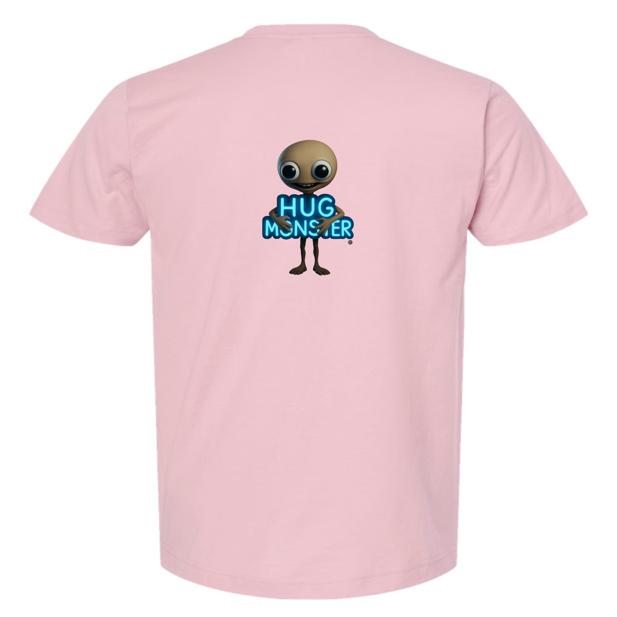 Hug Monster Alien Hugs Neon Sign T-Shirt - Positive Message Graphic Tee in Soft Pink – Back View