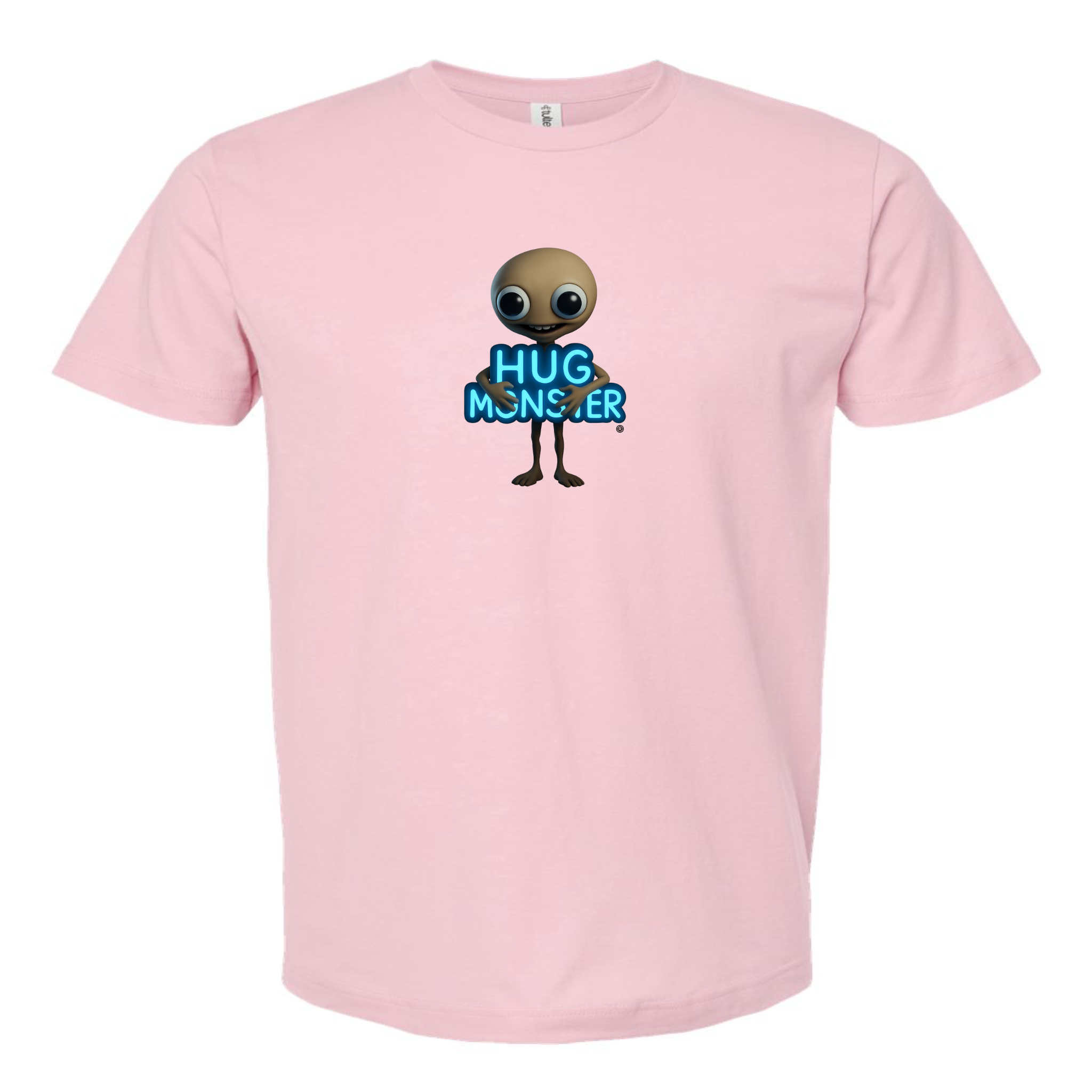 Hug Monster Alien Hugs Neon Sign T-Shirt - Positive Message Graphic Tee in Soft Pink – Front View