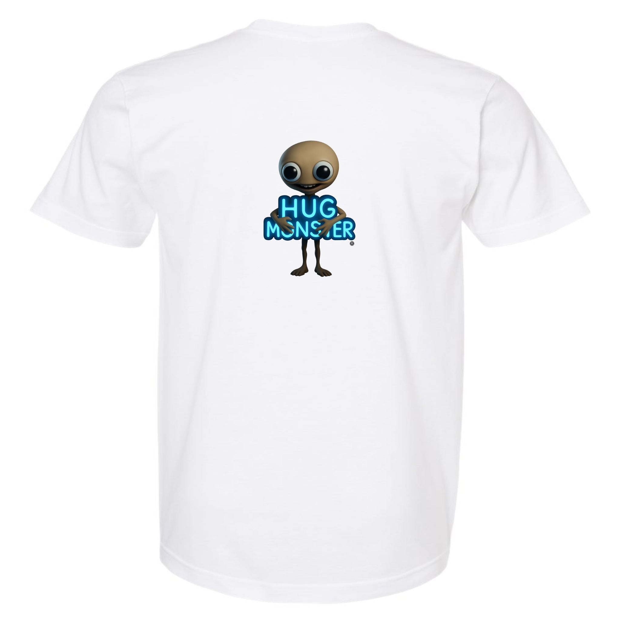 Hug Monster Alien Hugs Neon Sign T-Shirt - Positive Message Graphic Tee in Whte – Back View