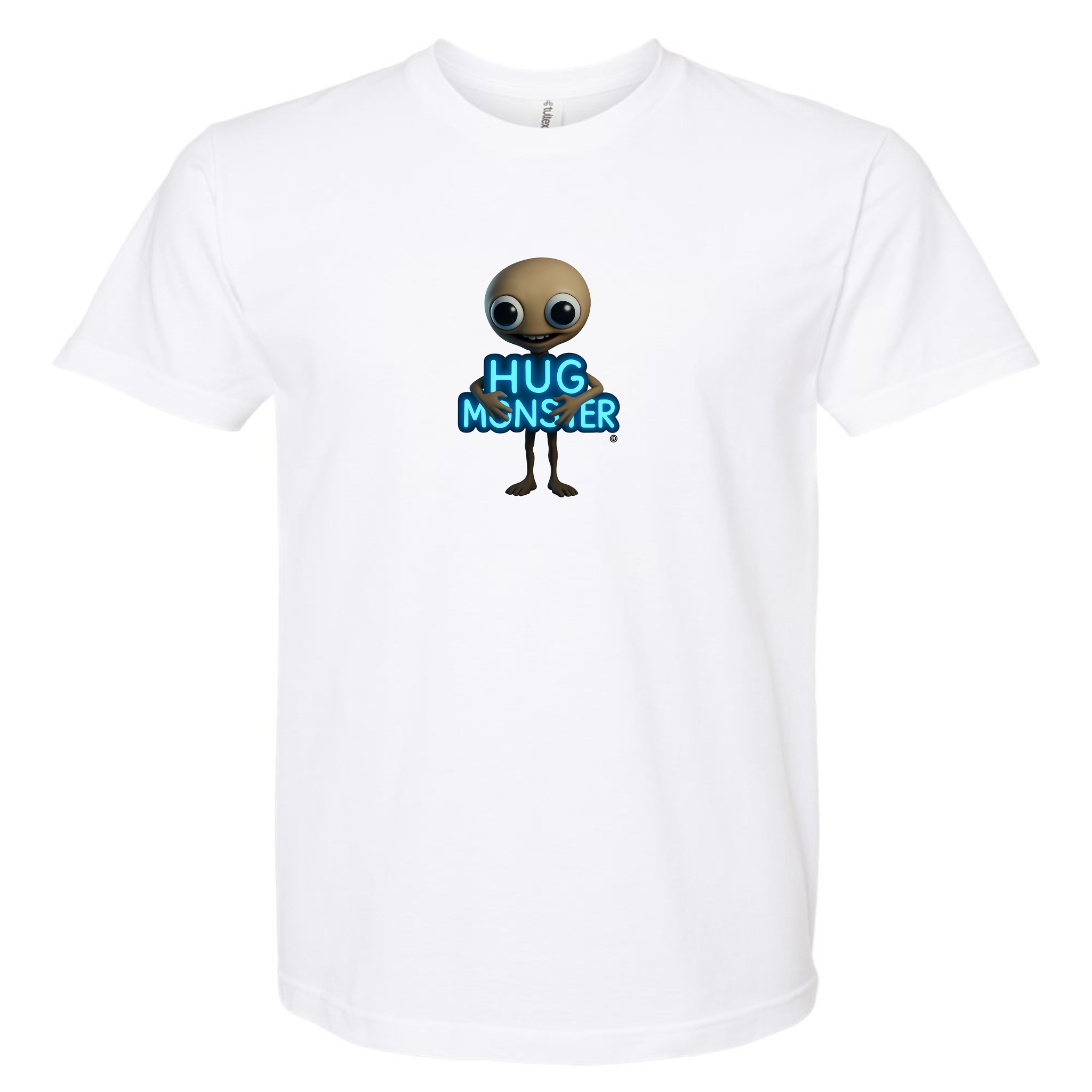 Hug Monster Alien Hugs Neon Sign T-Shirt - Positive Message Graphic Tee in Whte – Front View