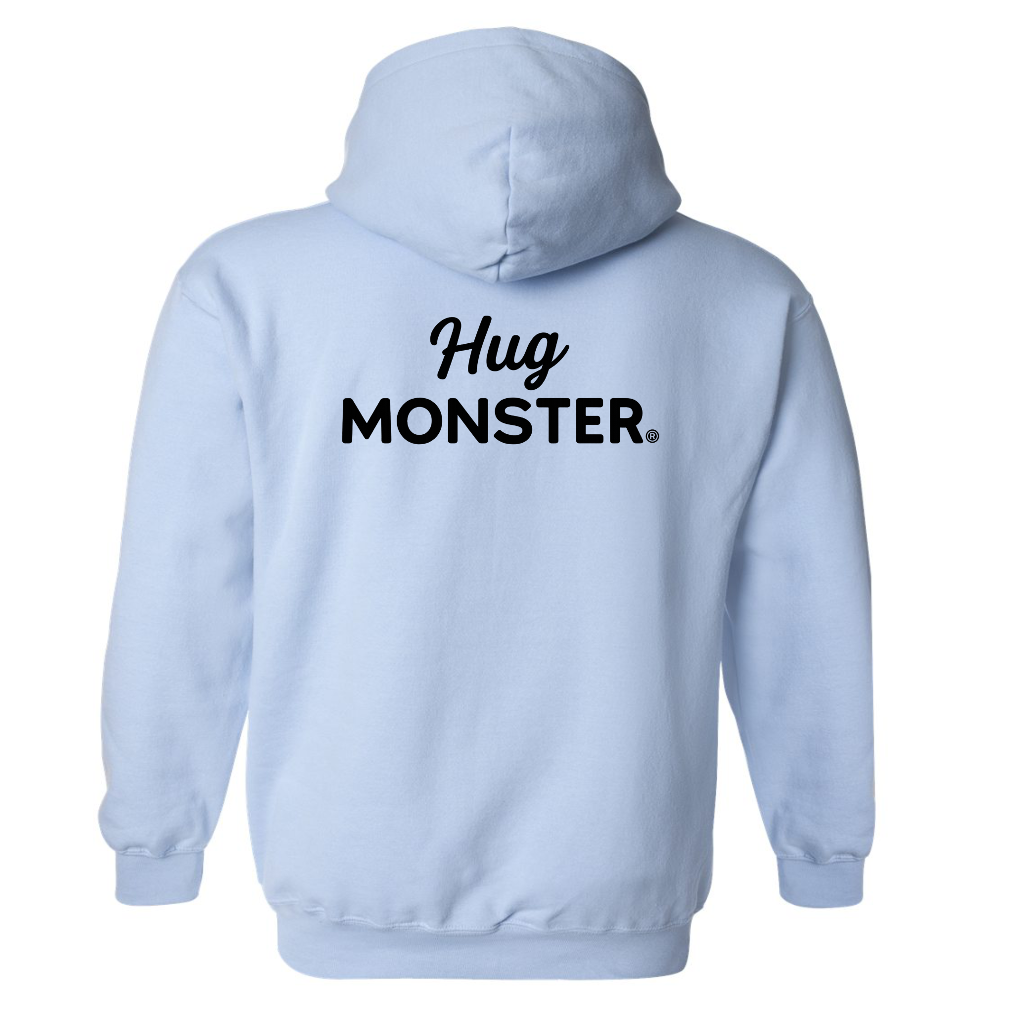 Hug Monster Black Split Script graphic hoodie in Baby Blue cozy fleece positive message sweatshirt