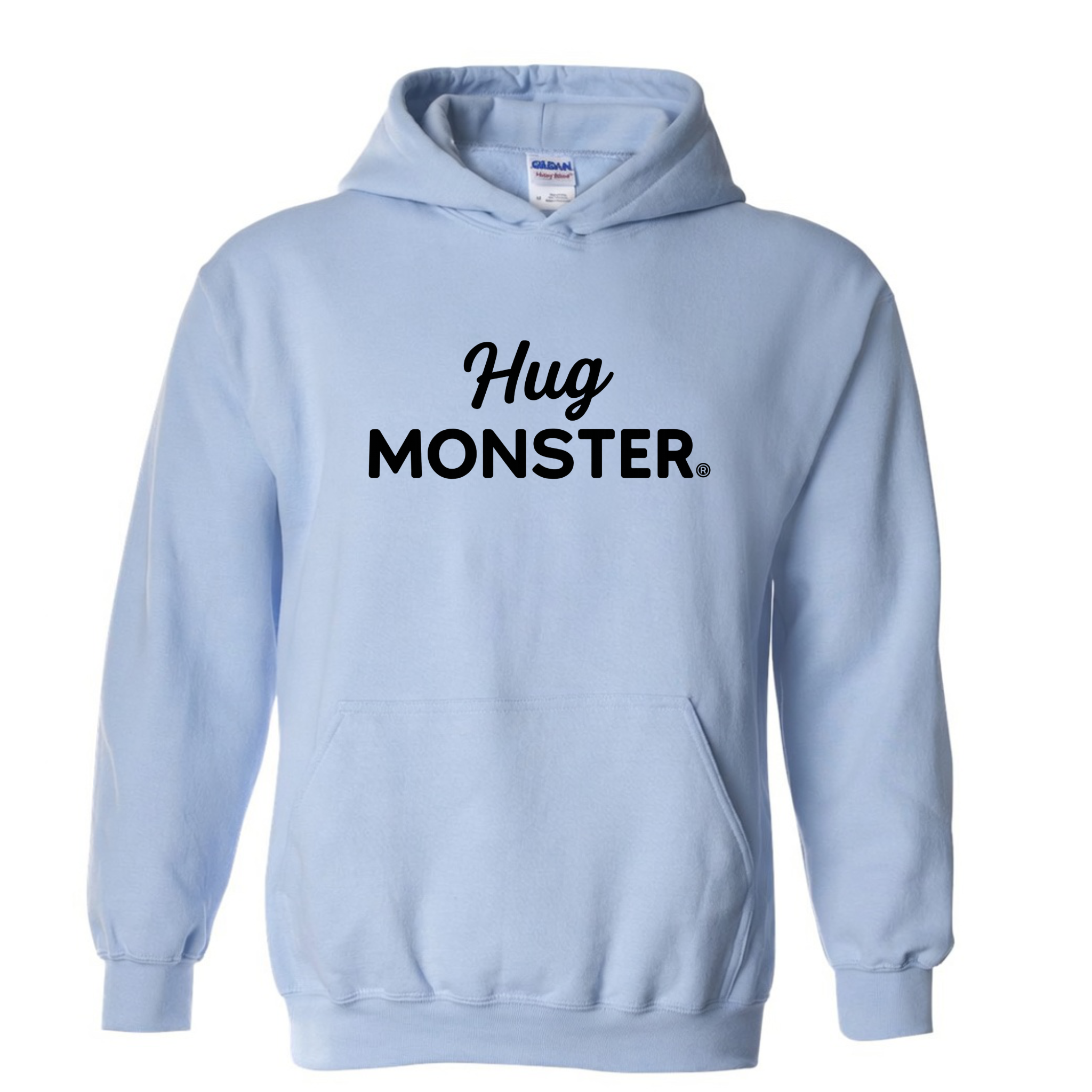 Hug Monster Black Split Script graphic hoodie in Baby Blue cozy fleece positive message sweatshirt
