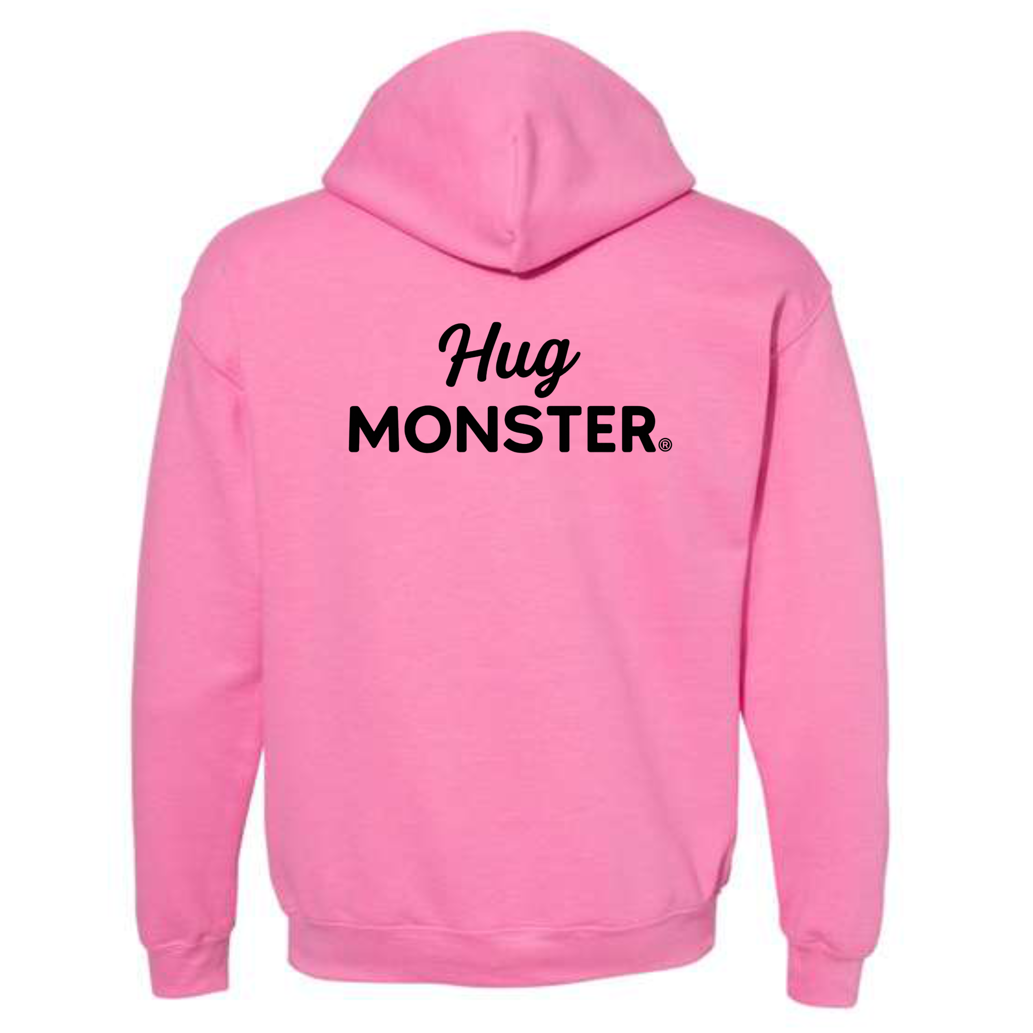 Hug Monster Black Split Script graphic hoodie in Bright Soft Rose Pink cozy fleece positive message sweatshirt