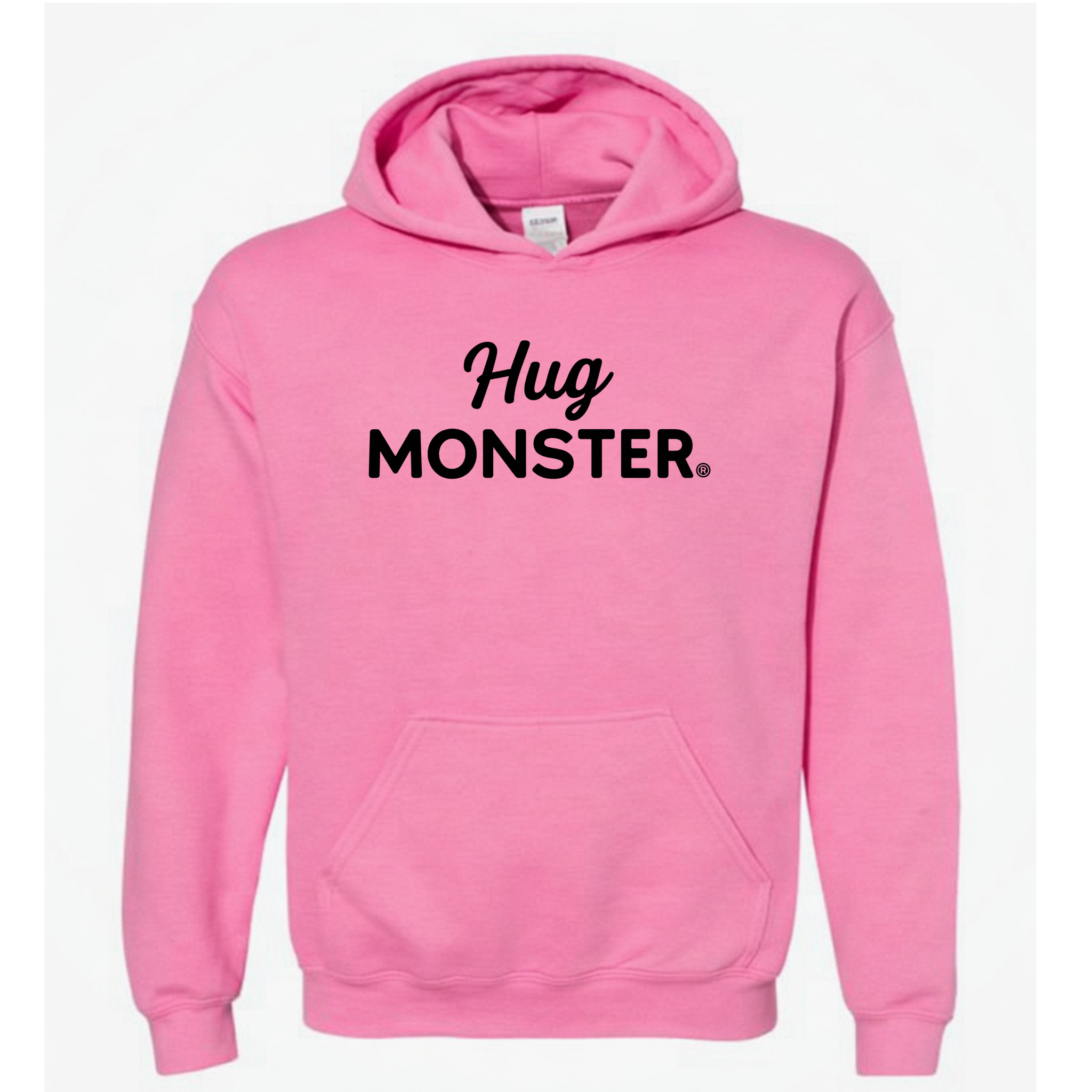 Hug Monster Black Split Script graphic hoodie in Bright Soft Rose Pink cozy fleece positive message sweatshirt